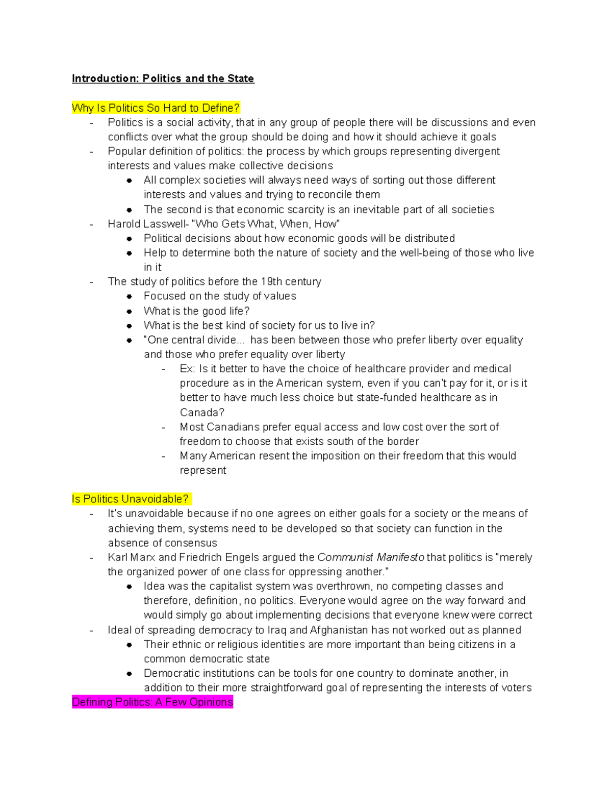Political Science Exam Notes - Introduction: Politics and the State Why ...