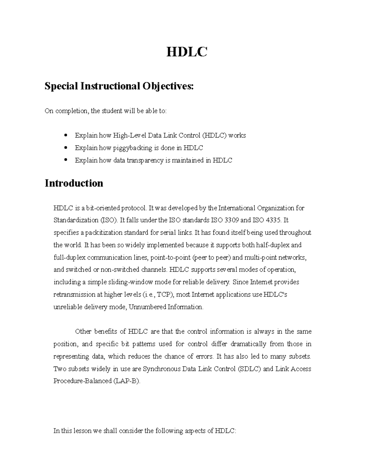 Hdlc - Lecture note on High-Level Data Link Control - HDLC Special ...