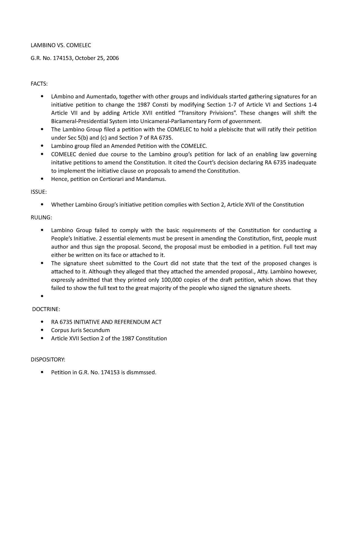 Lambino Vs. Comelec - Case Digest - LAMBINO VS. COMELEC G. No. 174153 ...