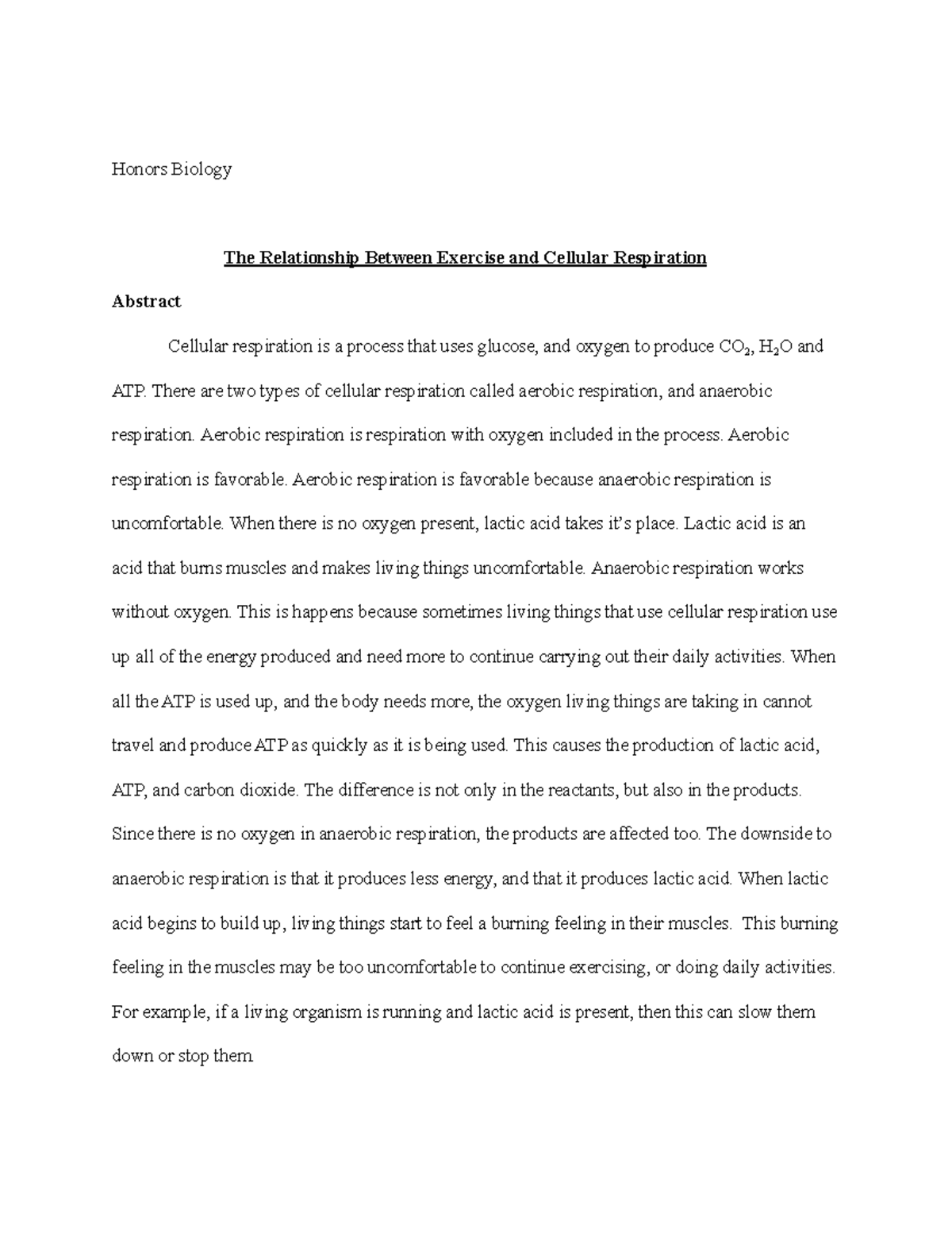 Cellular respiration lab report Honors Biology The Relationship Between Exercise and Cellular