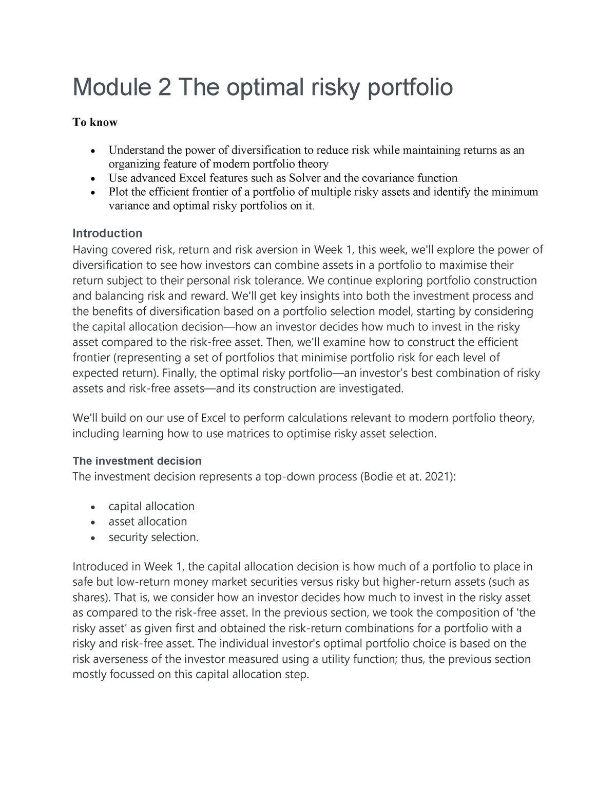 Module 2 The Optimal Risky Portfolio Module 2 The Optimal Risky Portfolio To Know • Understand 