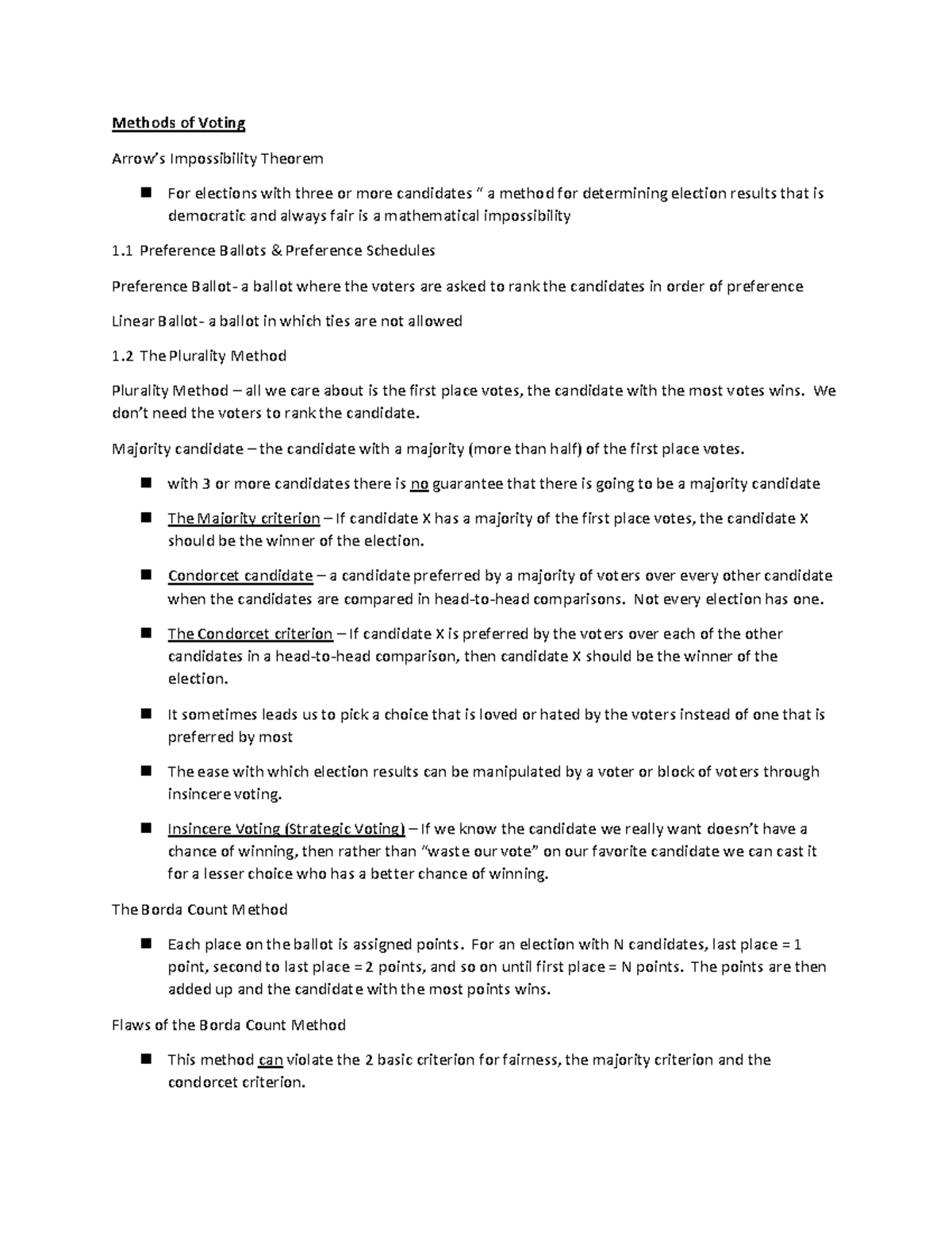 Methods of Voting notes - Methods of Voting Arrow’s Impossibility ...