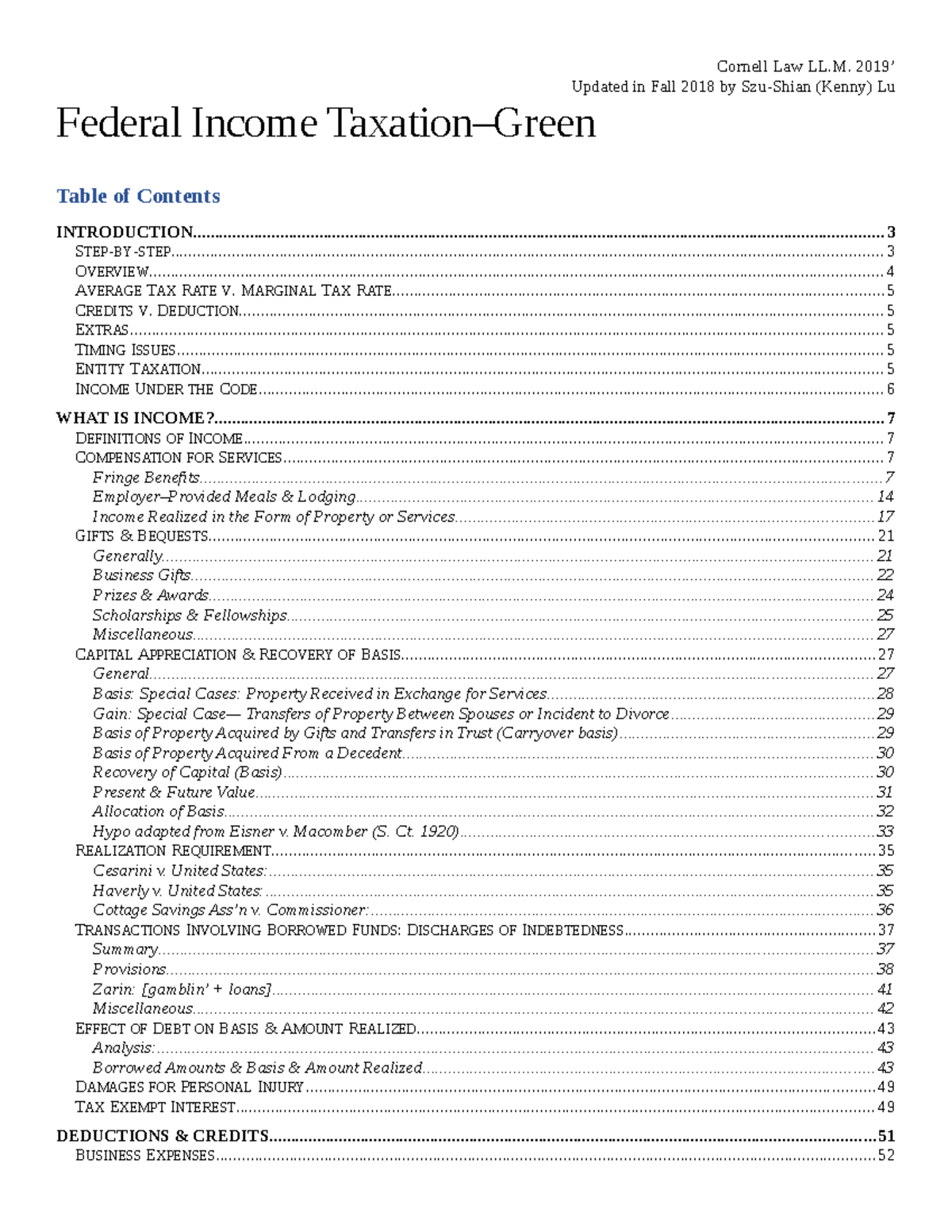 Main Outline Federal income taxation - Cornell Law LL. 2019