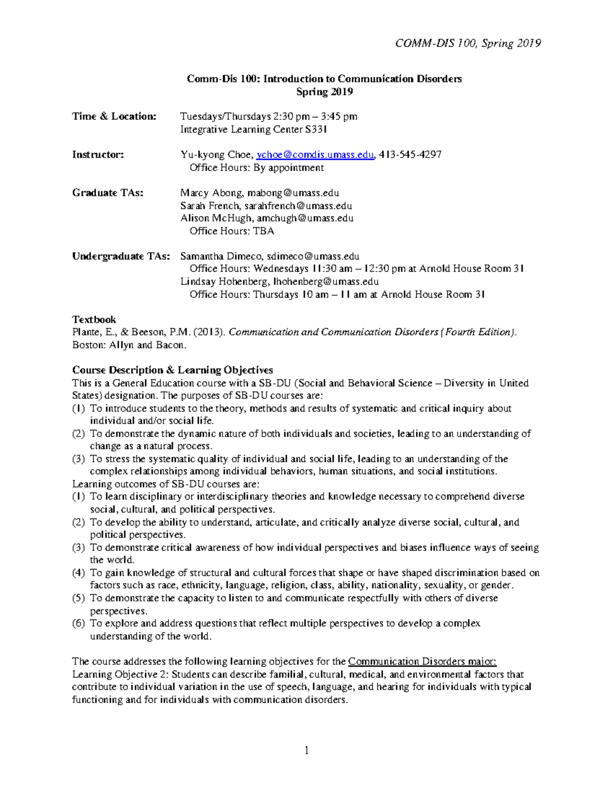 Syllabus Comm Dis 100 Spring 2019 021419 - Comm-Dis 100: Introduction ...