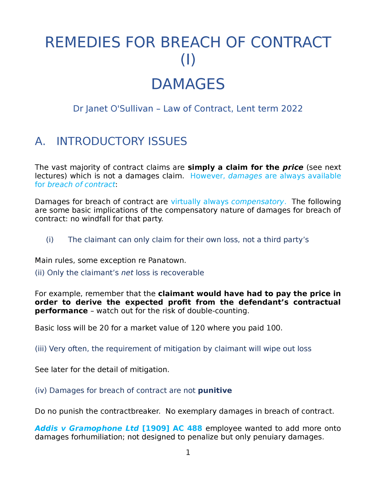 CLL16 Remedies - Lecture Notes - REMEDIES FOR BREACH OF CONTRACT (I ...