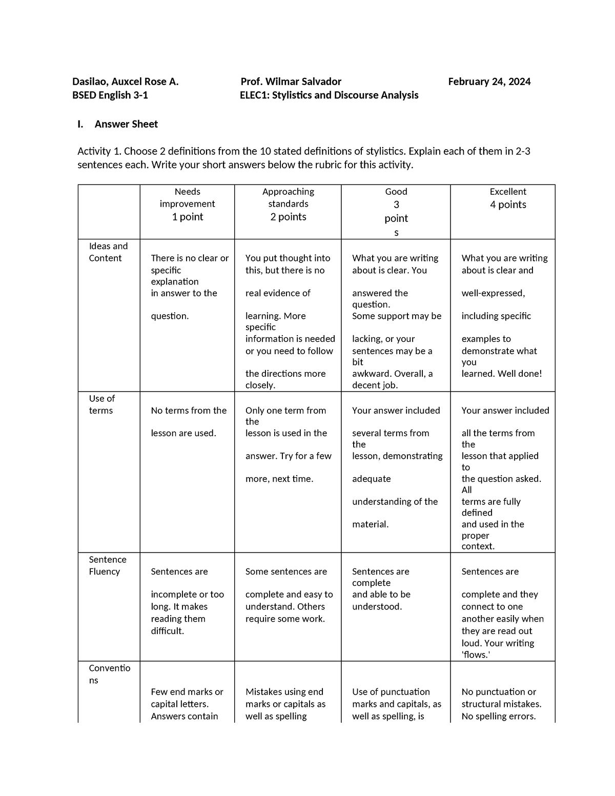 Stylistics And Discourse Analysis - Dasilao, Auxcel Rose A. Prof ...