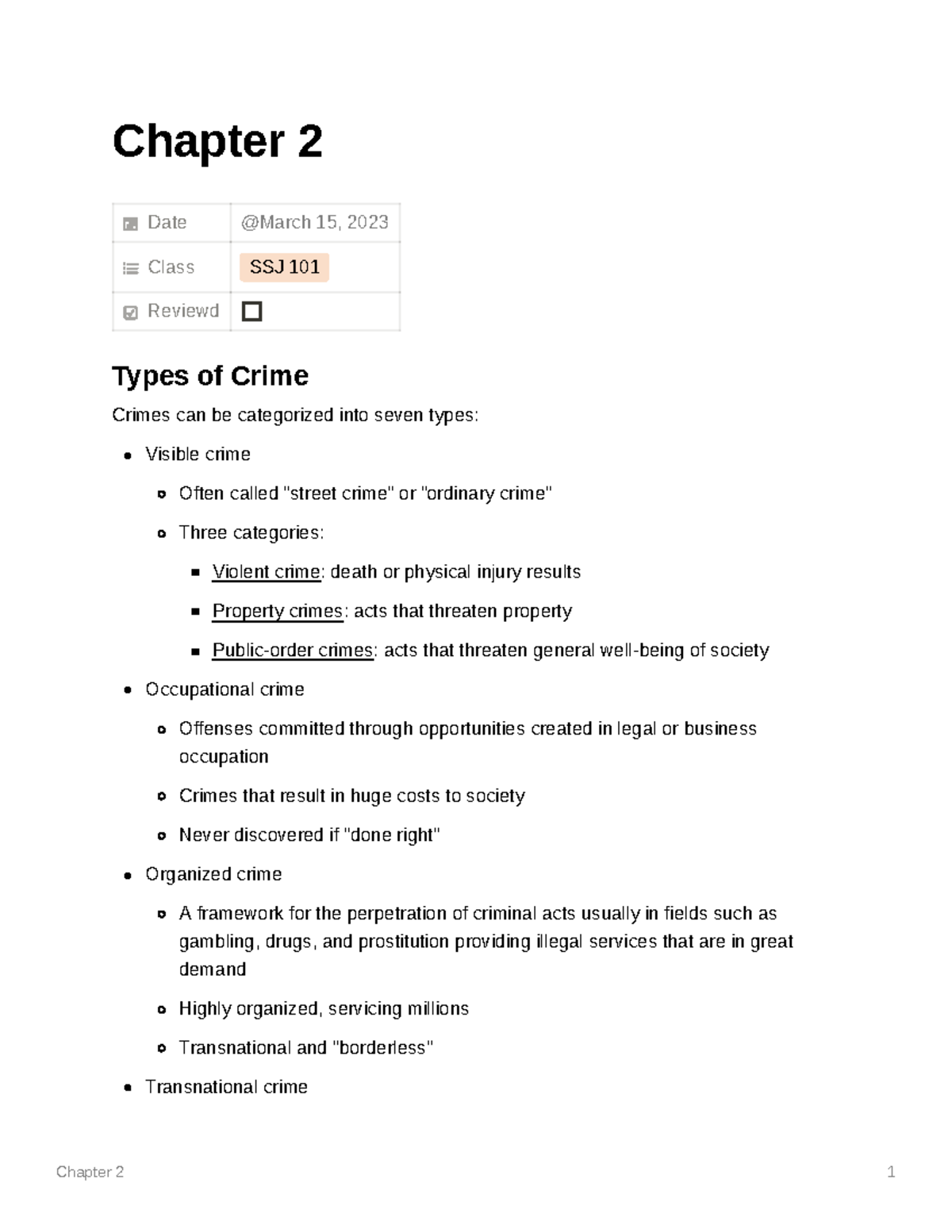 SSJ 101 Chapter 2 - Chapter 2 Date Class SSJ 101 Reviewd Types of Crime ...