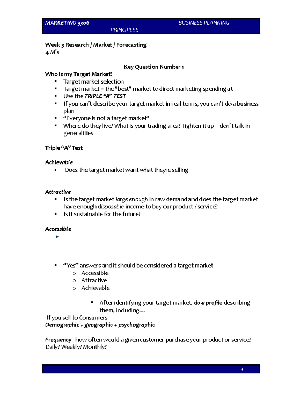 Bus Planning Lecture Week 3 MARKETING 3306 BUSINESS PLANNING