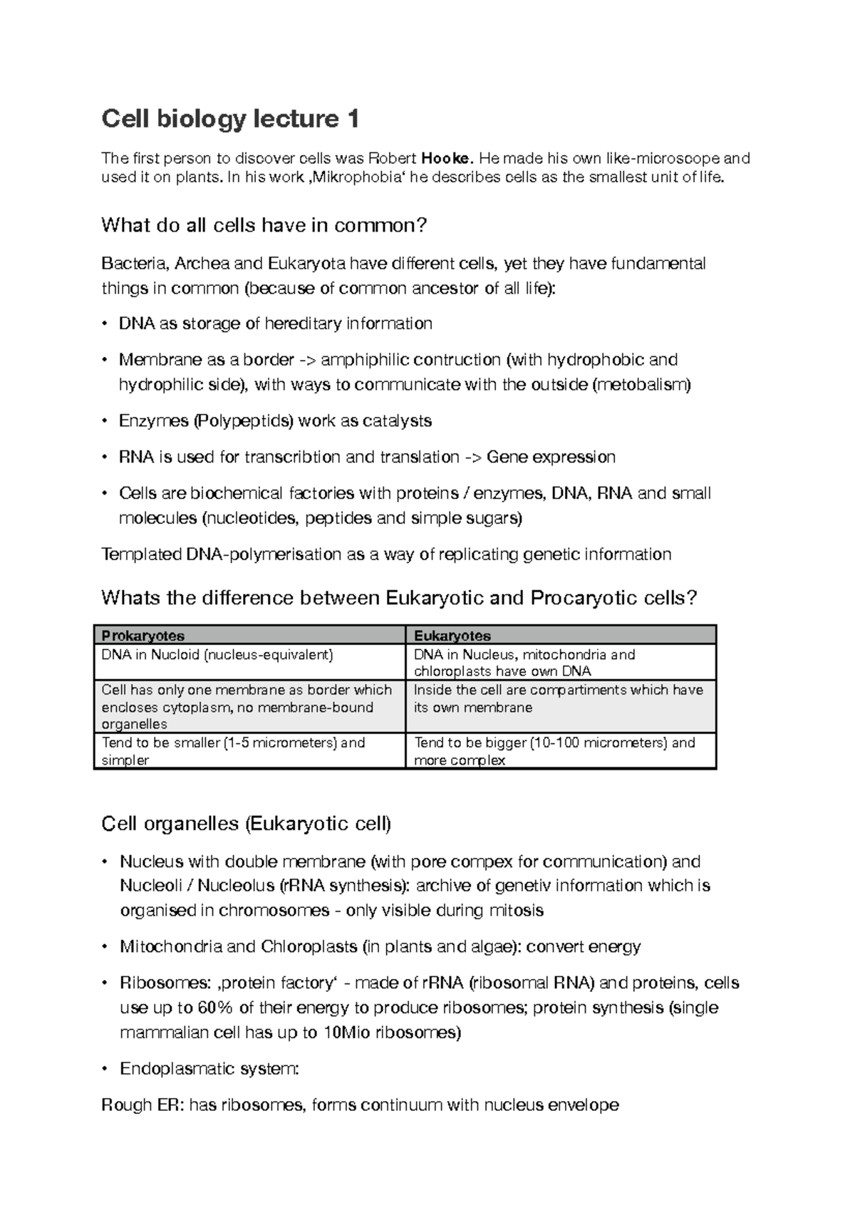 Zellbiologie- Komplette Zusammenfassung - Cell Biology Lecture 1 The ...