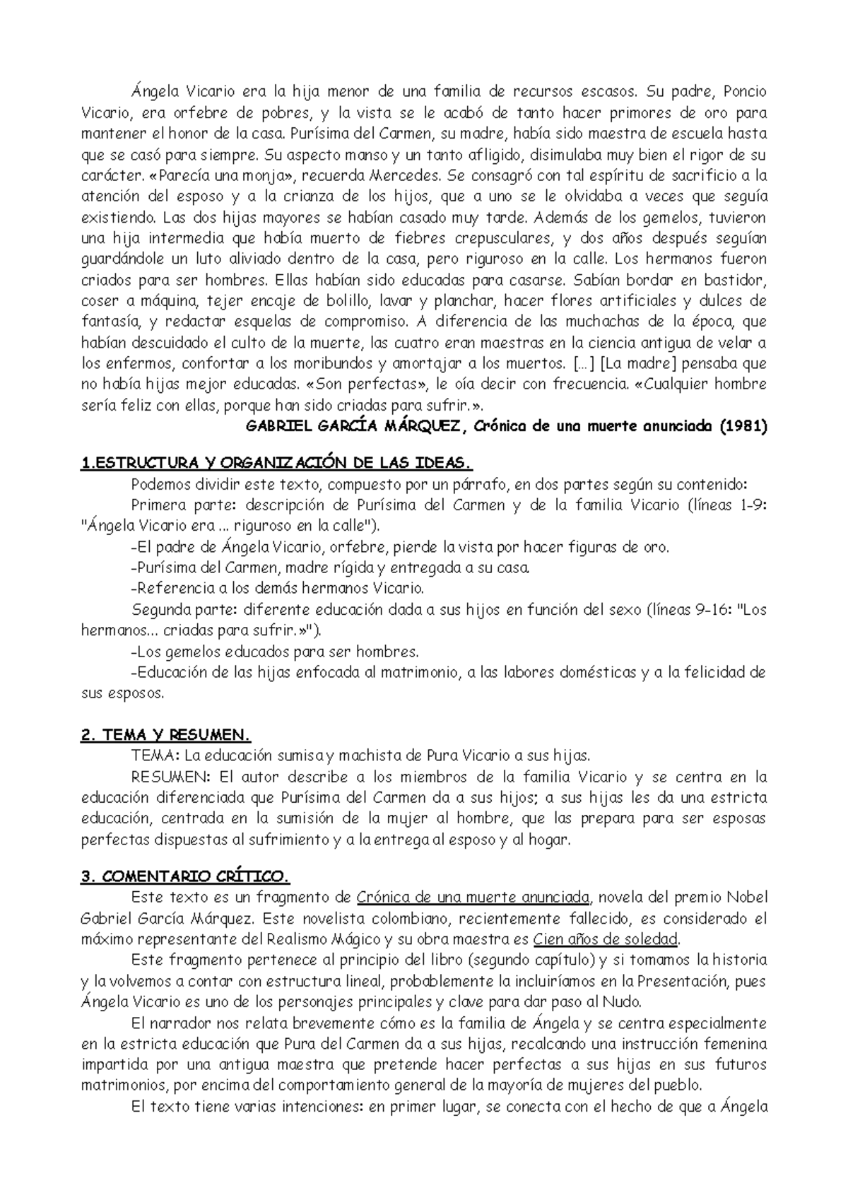 Comentario Crónica de una muerte anunciada - Ángela Vicario era la hija ...