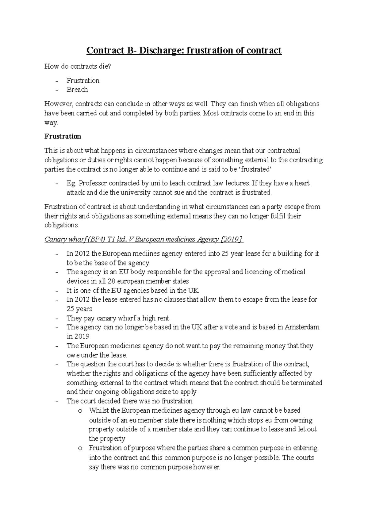 Contract Law B Frustration Of Contract - Contract B- Discharge ...