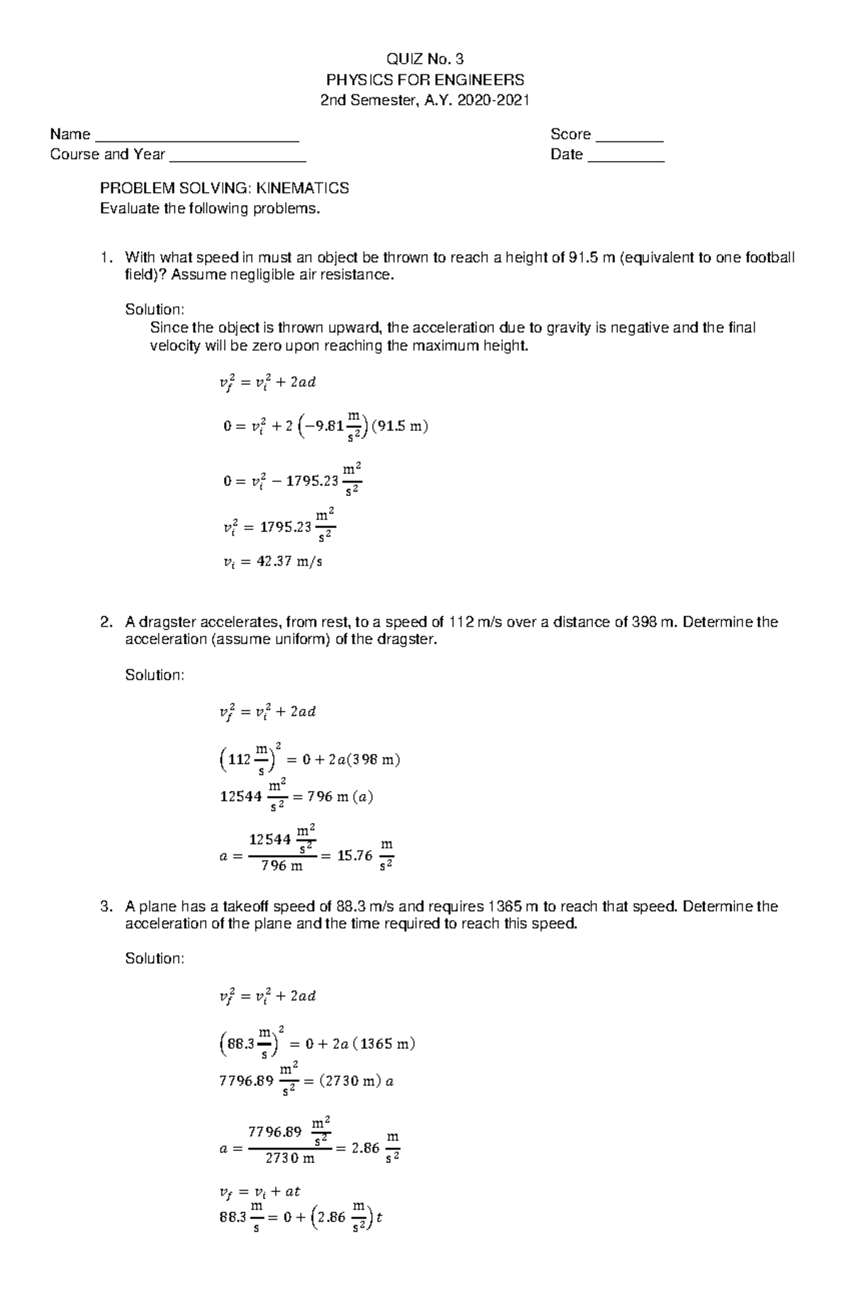 Solved Problems in Kinematics and Dynamics - QUIZ No. 3 PHYSICS FOR ...