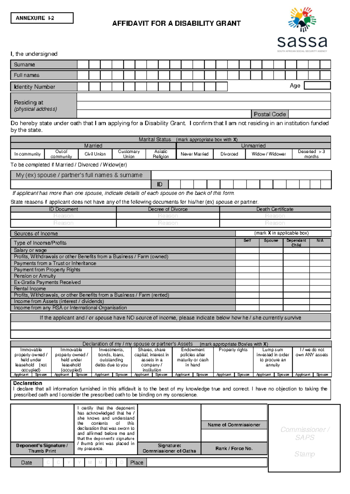 Sassa Affidavit for Disability Grant - AFFIDAVIT FOR A DISABILITY GRANT ...