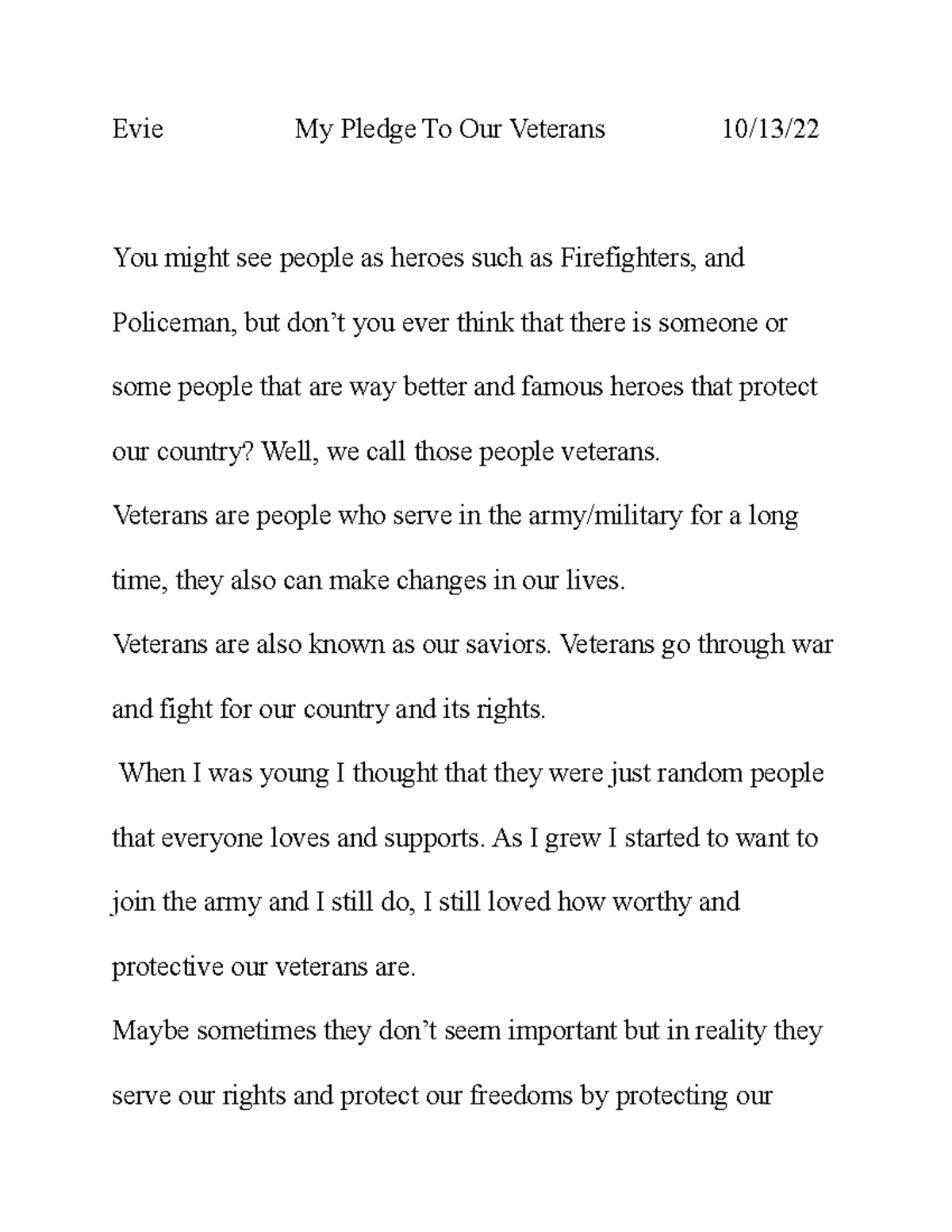 my pledge to our veterans essay 300 words