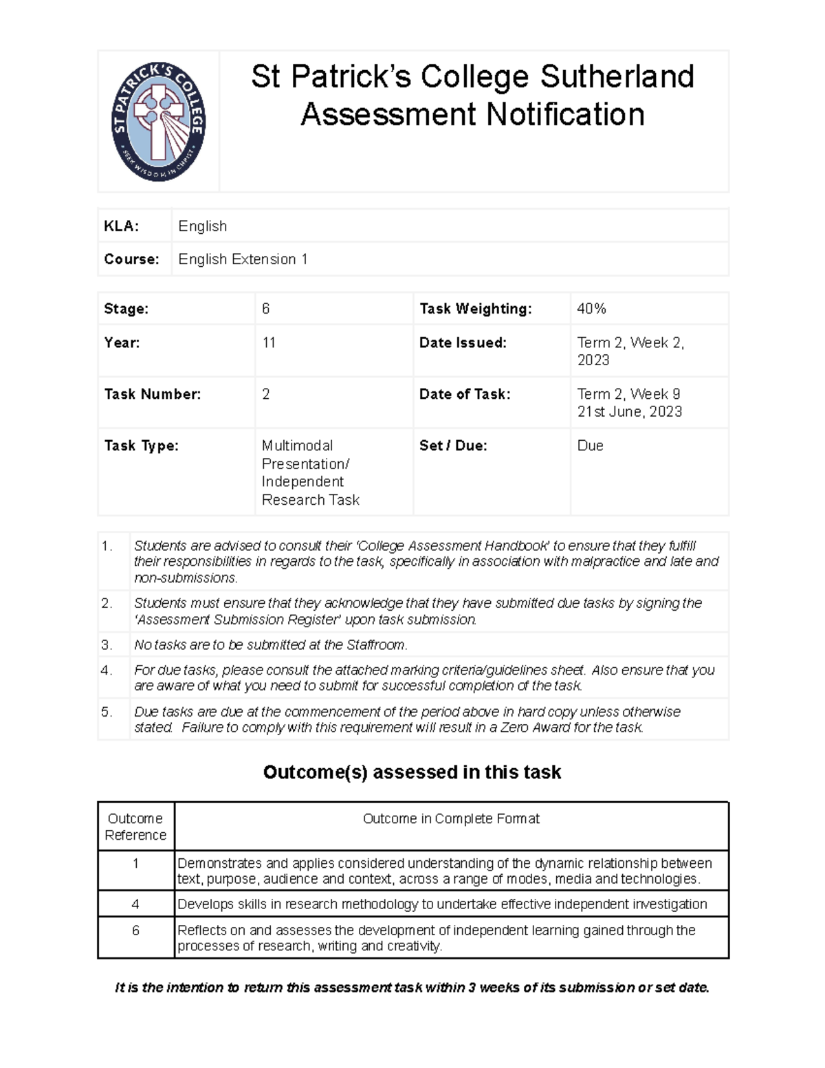 2023 11 English Extension 1 Assessment Notification (Task 2) - St ...