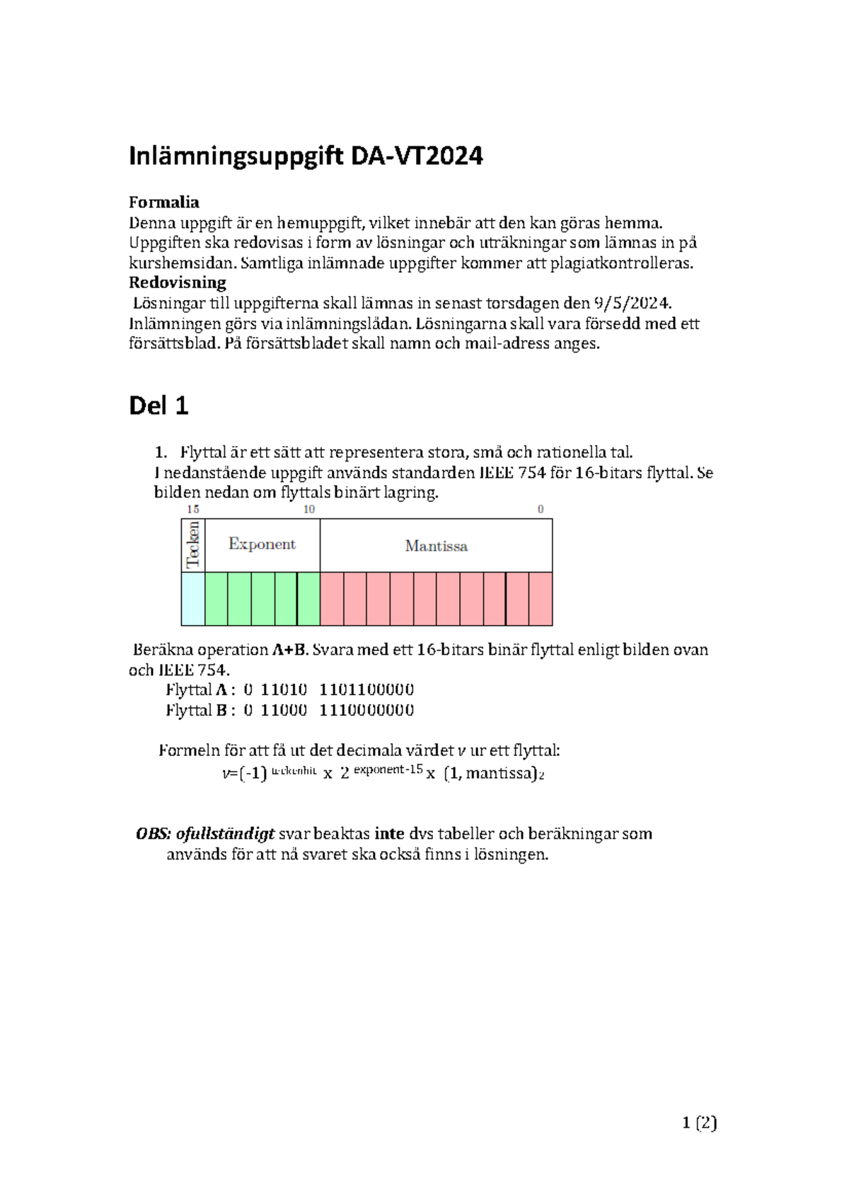 Inlämningsuppgift vt2024 beskrivning - 1 ( 2 ) Inlämningsuppgift DA ...