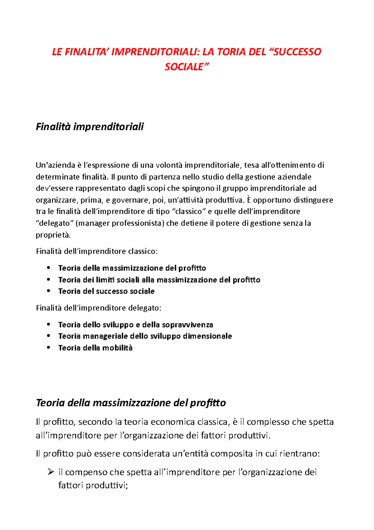 Le finalità imprenditoriali - LE FINALITA’ IMPRENDITORIALI: LA TORIA ...