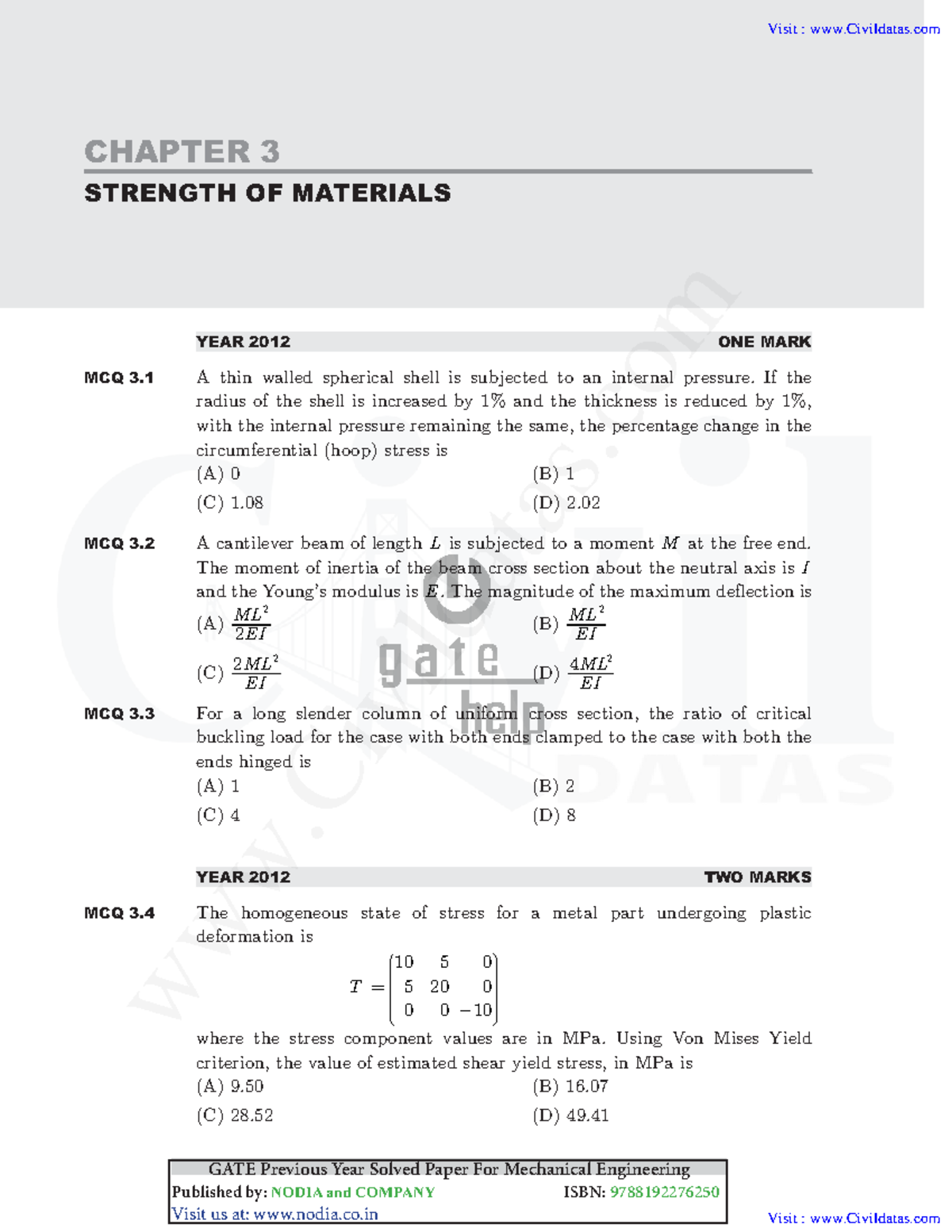 Strength of Materials 1 CHAPTER 3 STRENGTH OF MATERIALS GATE Previous