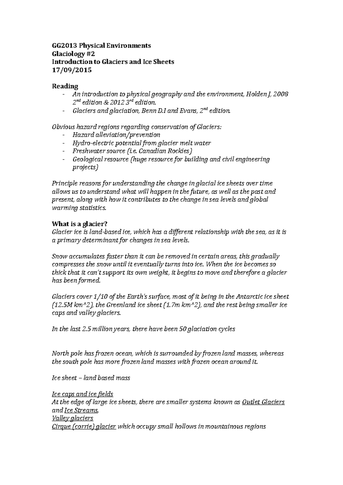 Glaciology part 1 #1 - Lecture notes 1 - GG2013 Physical Environments ...