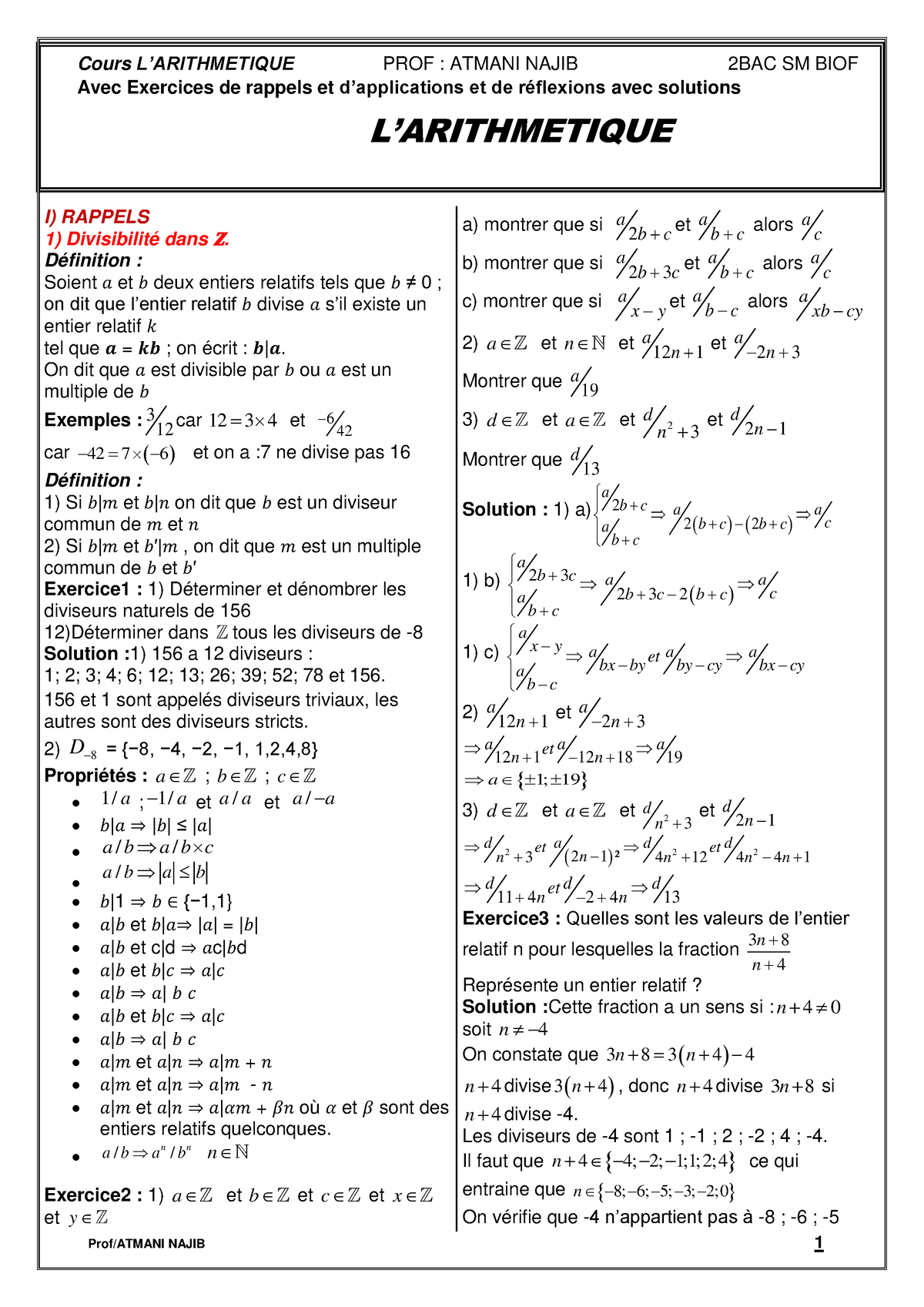 Cours Arithmetique - Cours L’ARITHMETIQUE PROF : ATMANI NAJIB 2 BAC SM ...