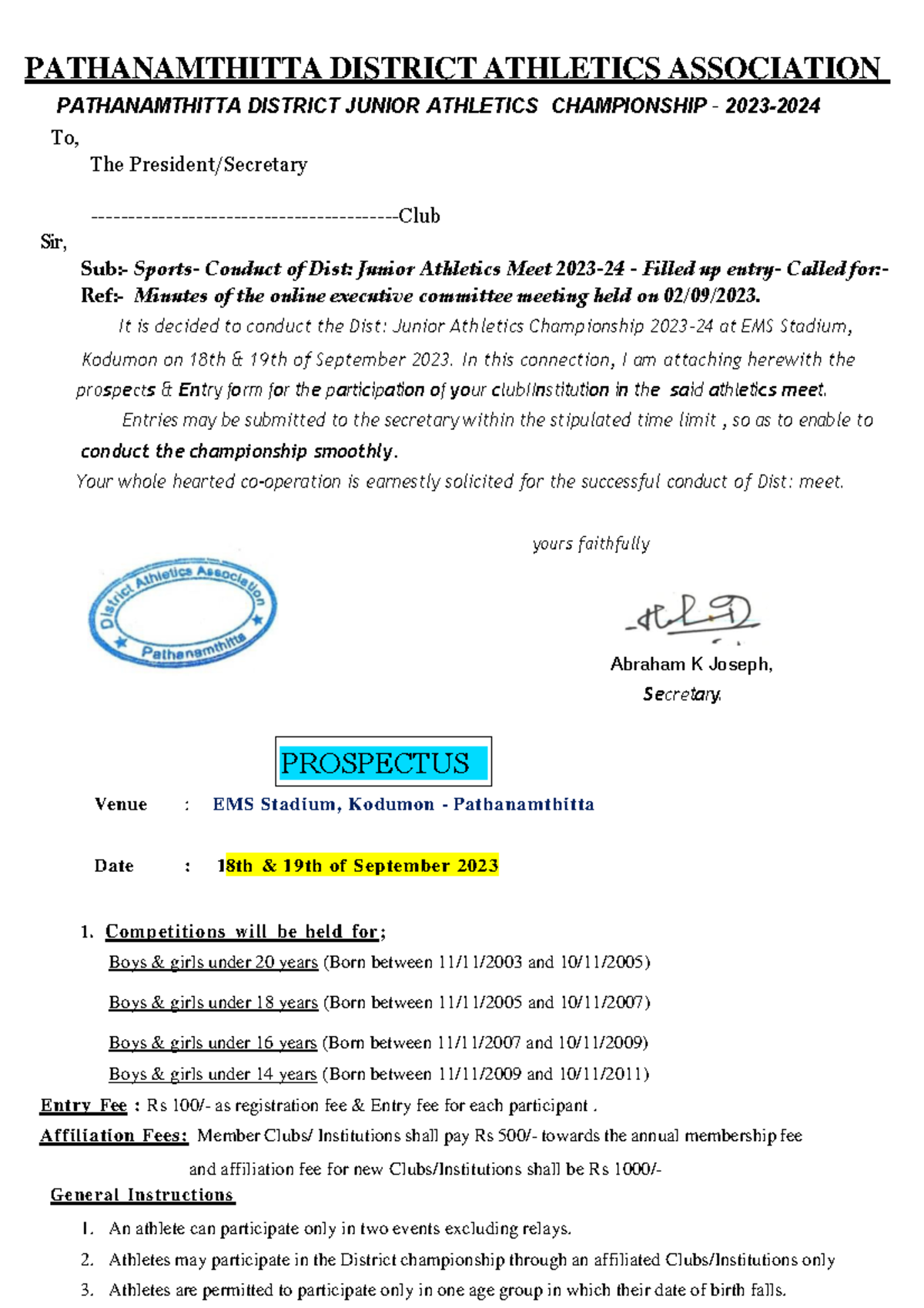 Circular 2023 (2 files merged) PATHANAMTHITTA DISTRICT ATHLETICS