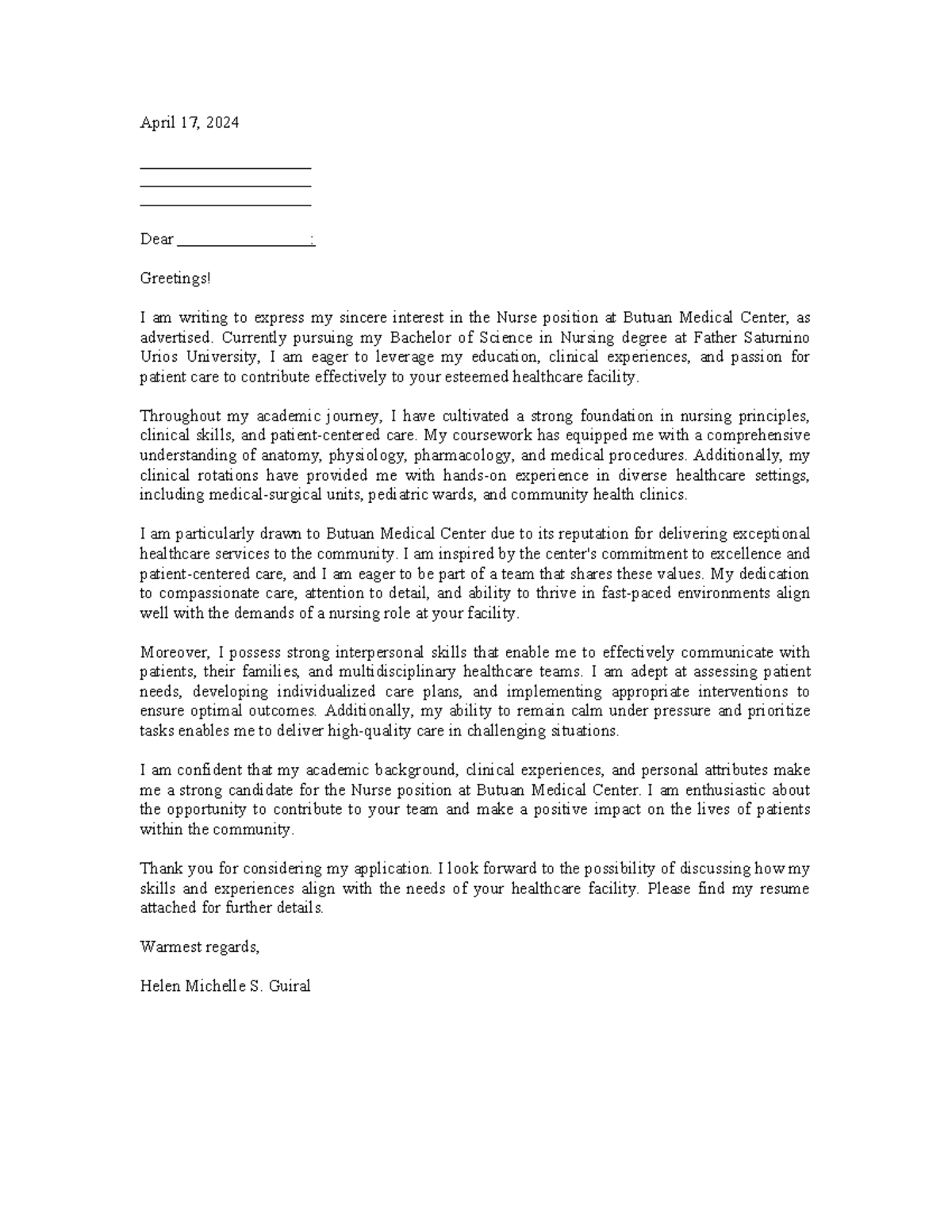 Application Letter - Dear : Greetings! I am writing to express my ...