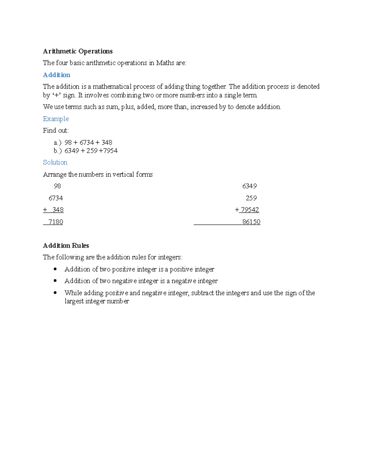 Arithmetic Operations - The addition process is denoted by ‘+’ sign. It ...