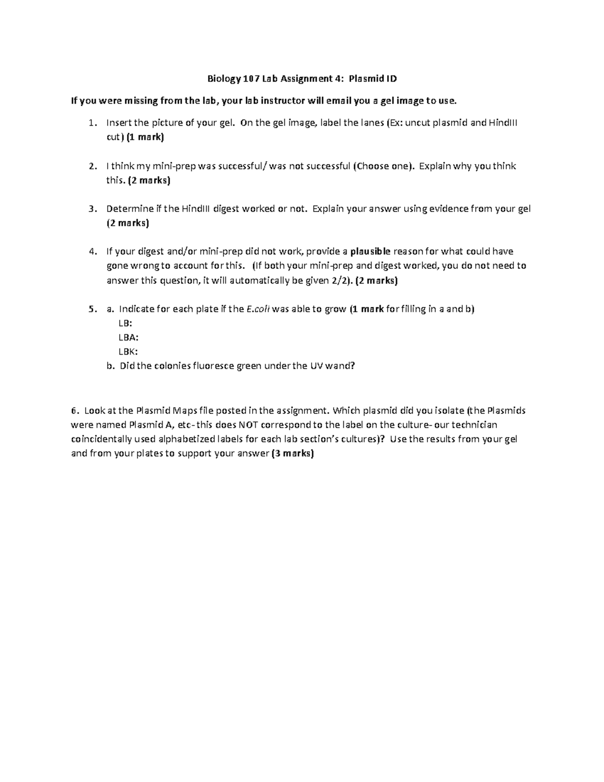 Biology 107 Lab Assignment 4 Biology 107 Lab Assignment 4 Plasmid ID If you were missing from