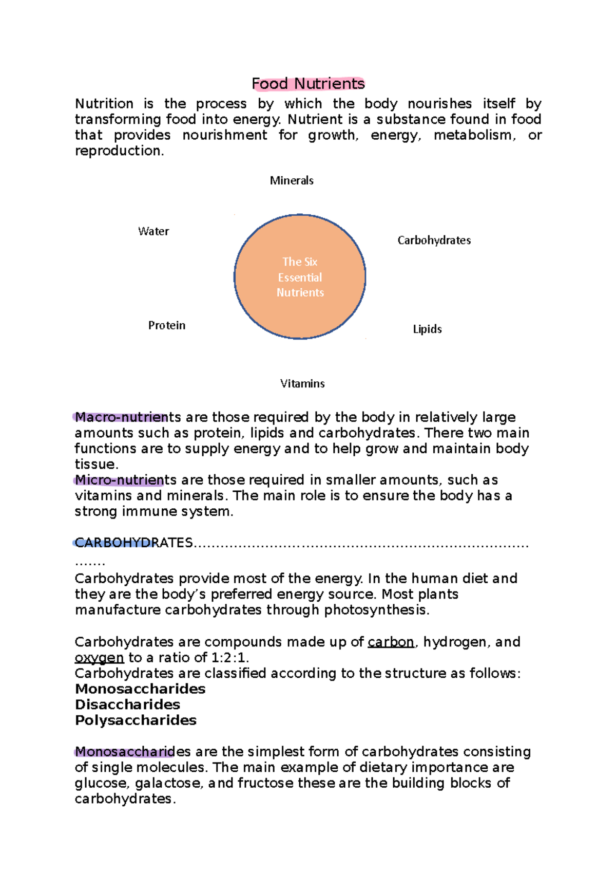 Food Nutrients Summary Notes - Food Nutrients Nutrition is the process ...