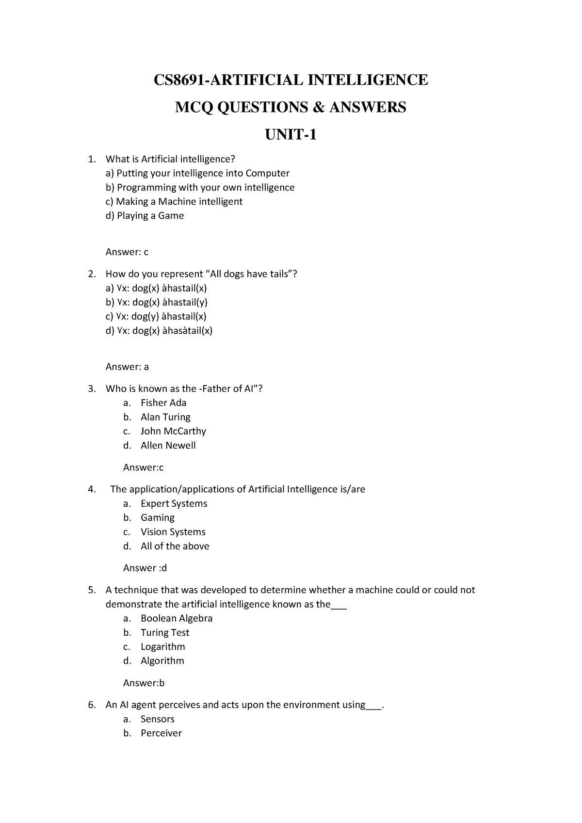 CS8691 Artificial Intelligence MCQ Quest - CS8691-ARTIFICIAL ...