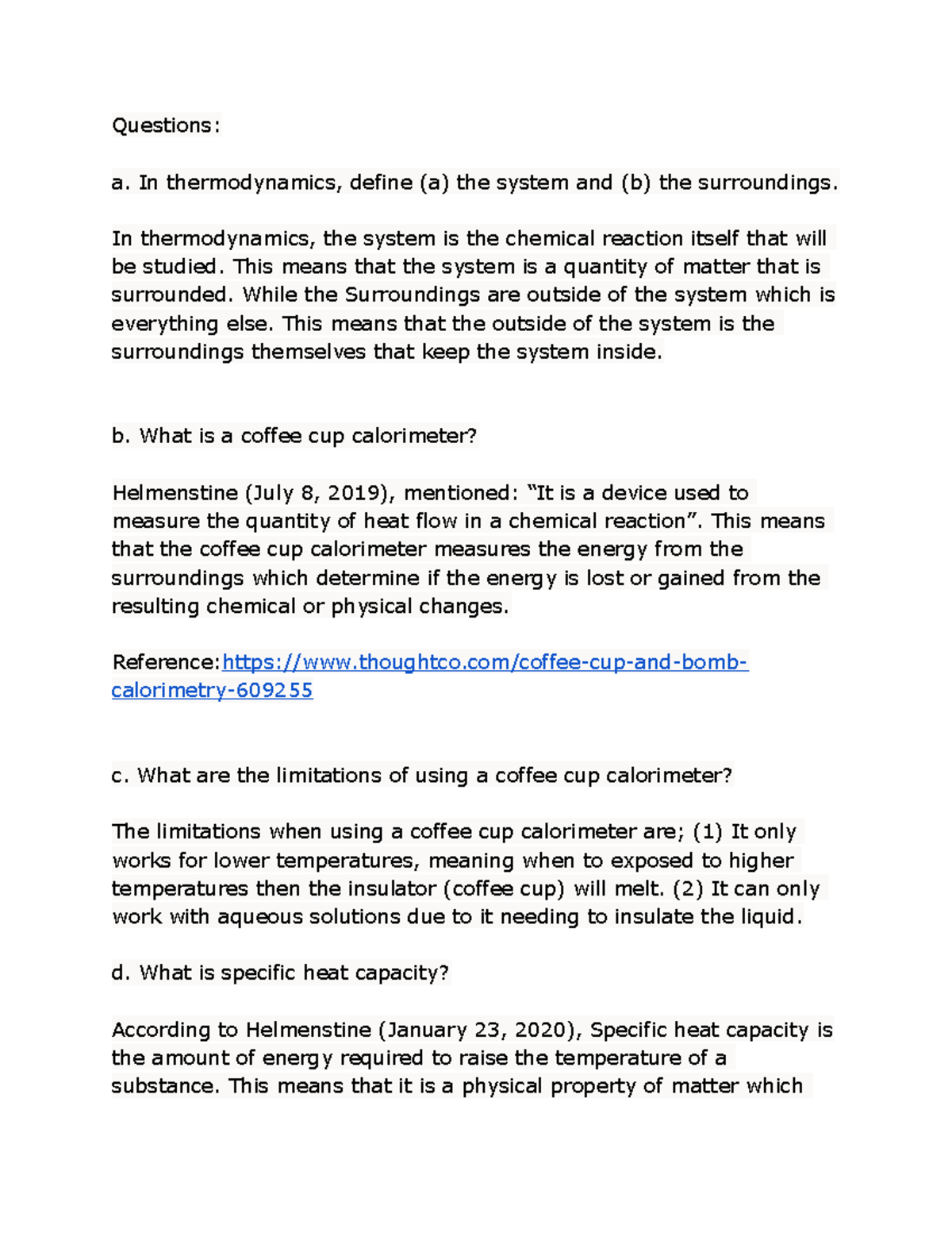 Answers To Questions For - Questions: A. In Thermodynamics, Define (a ...