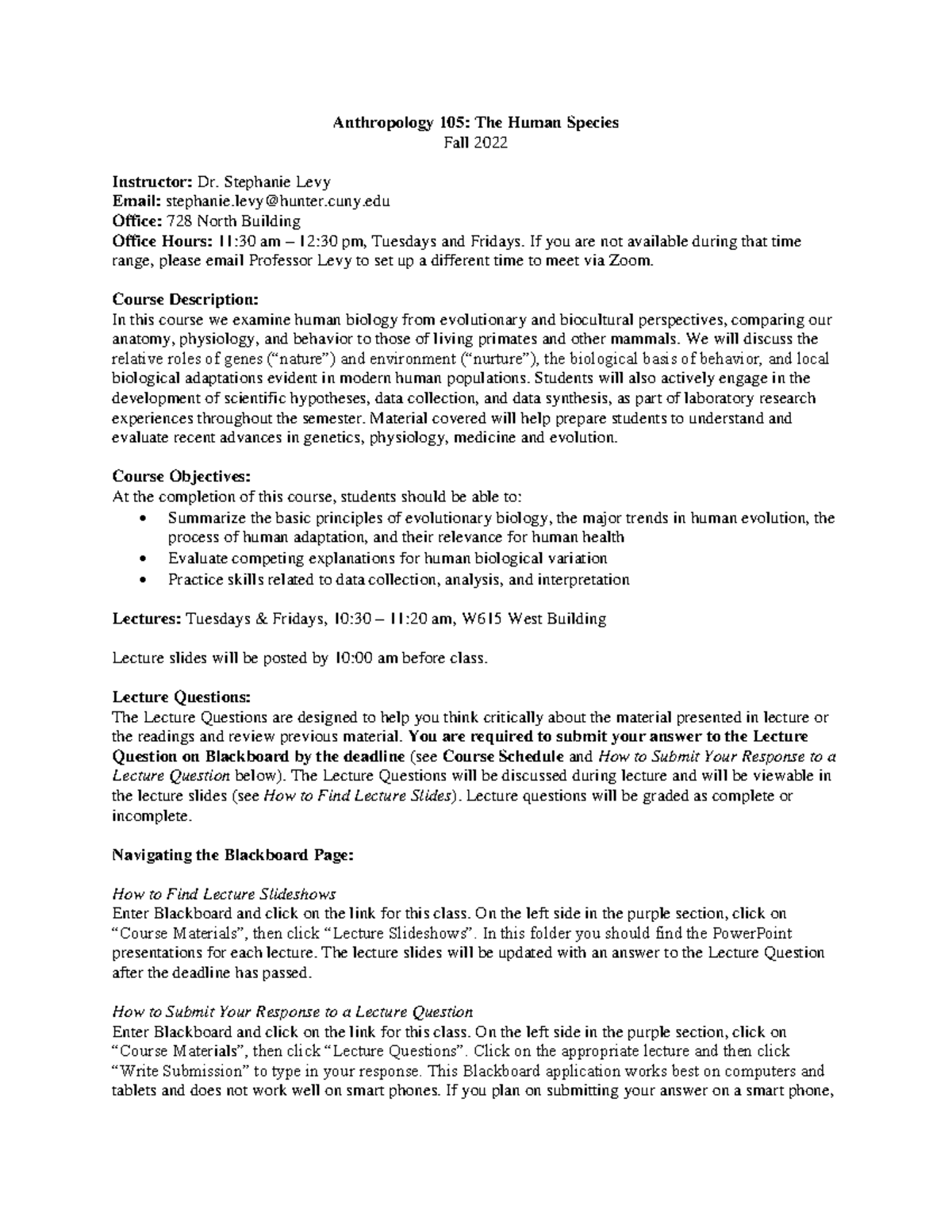 ANTHP 105 Lec Syllabus - Anthropology 105: The Human Species Fall 2022 ...