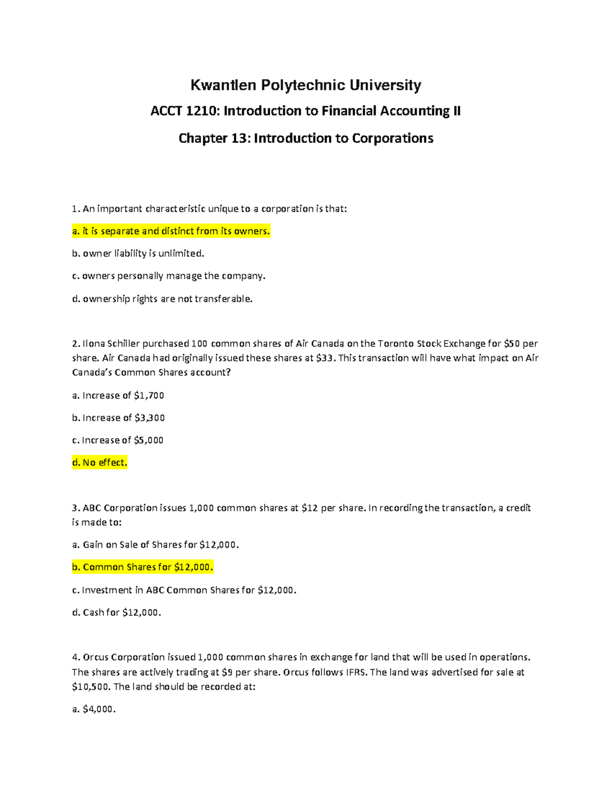 ACCT 1210 Chapter 13 MCQ - Kwantlen Polytechnic University ACCT 1210 ...