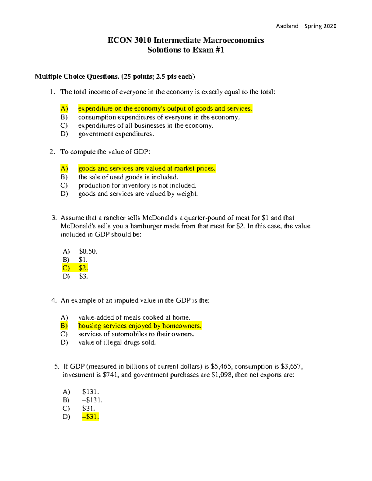 Ansexam 1 - Answer Questions - ECON 3010 Intermediate Macroeconomics ...