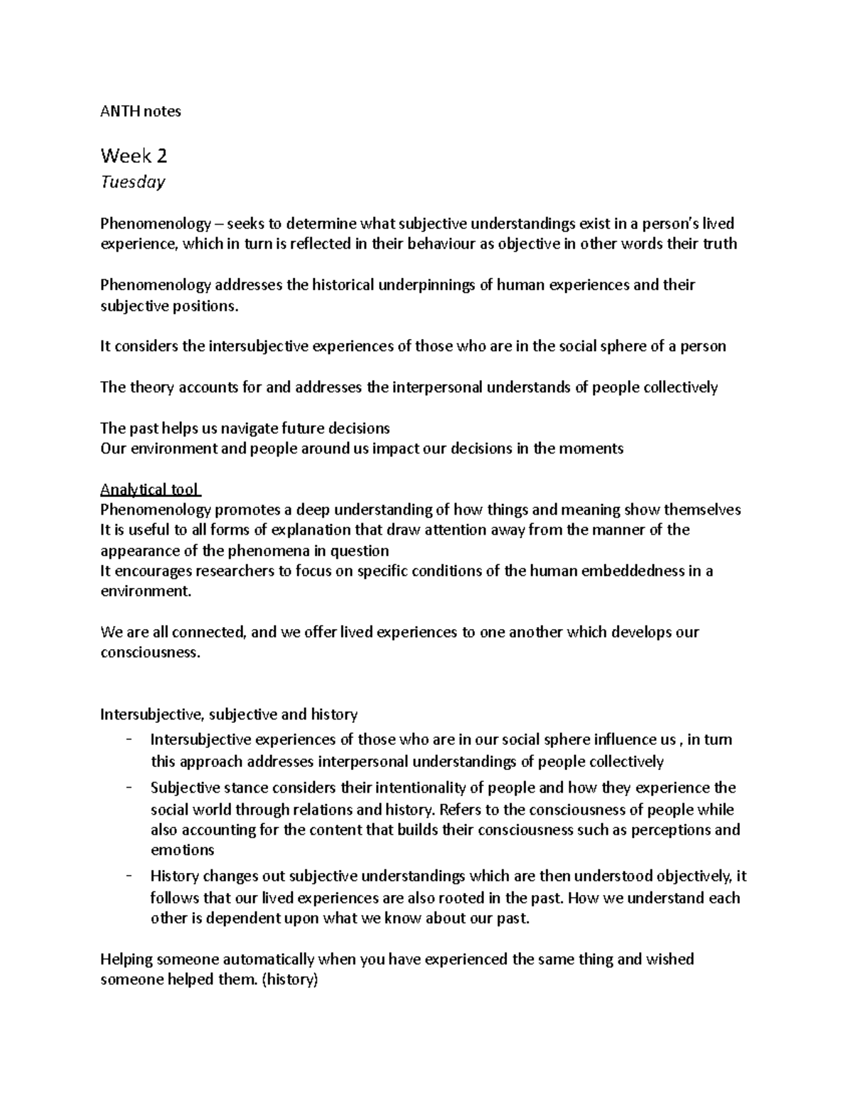 ANTH notes - ANTH notes Week 2 Tuesday Phenomenology – seeks to ...