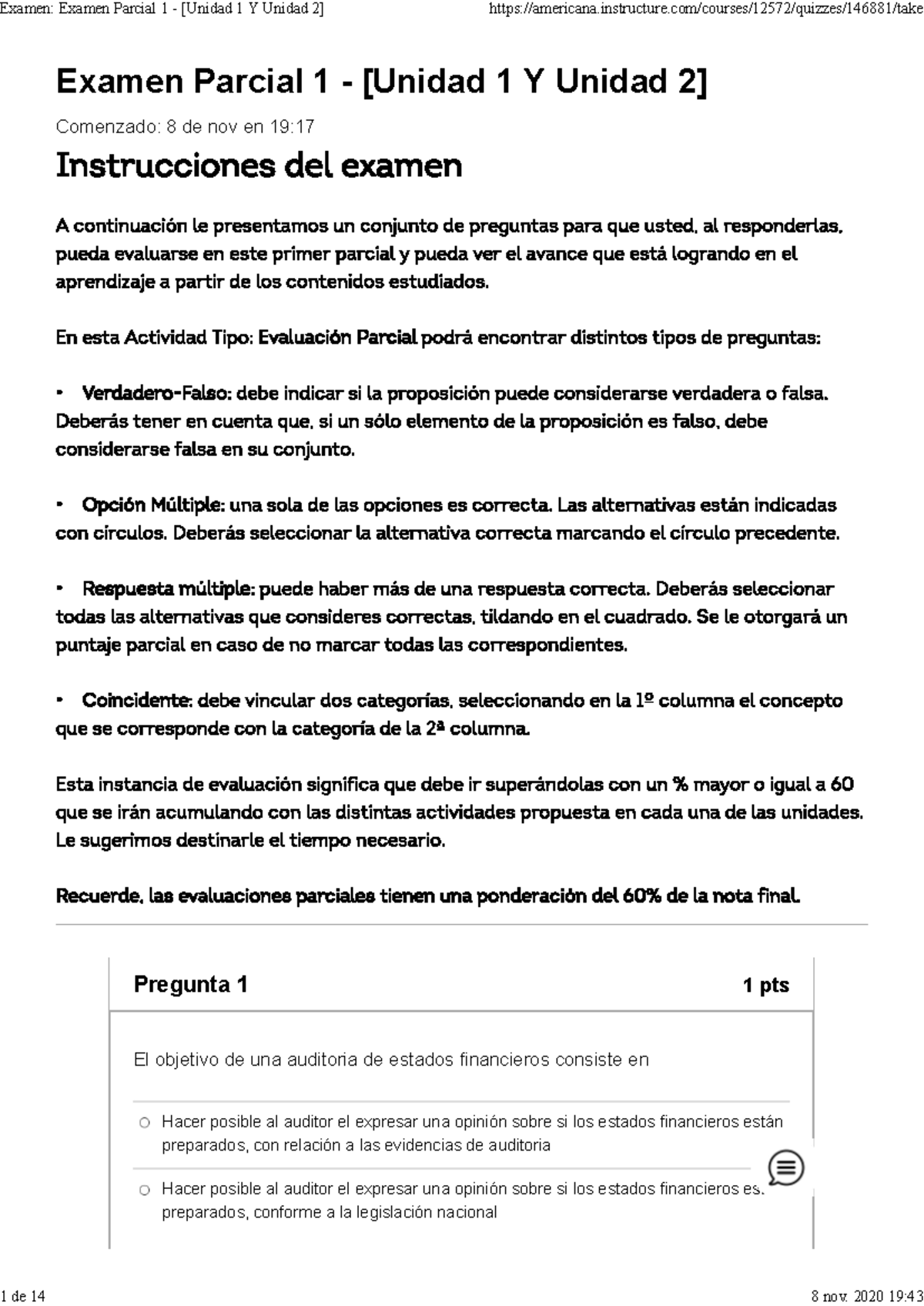 Examen parcial unid 1 y 2 Auditoria Financiera - Examen Parcial 1 ...