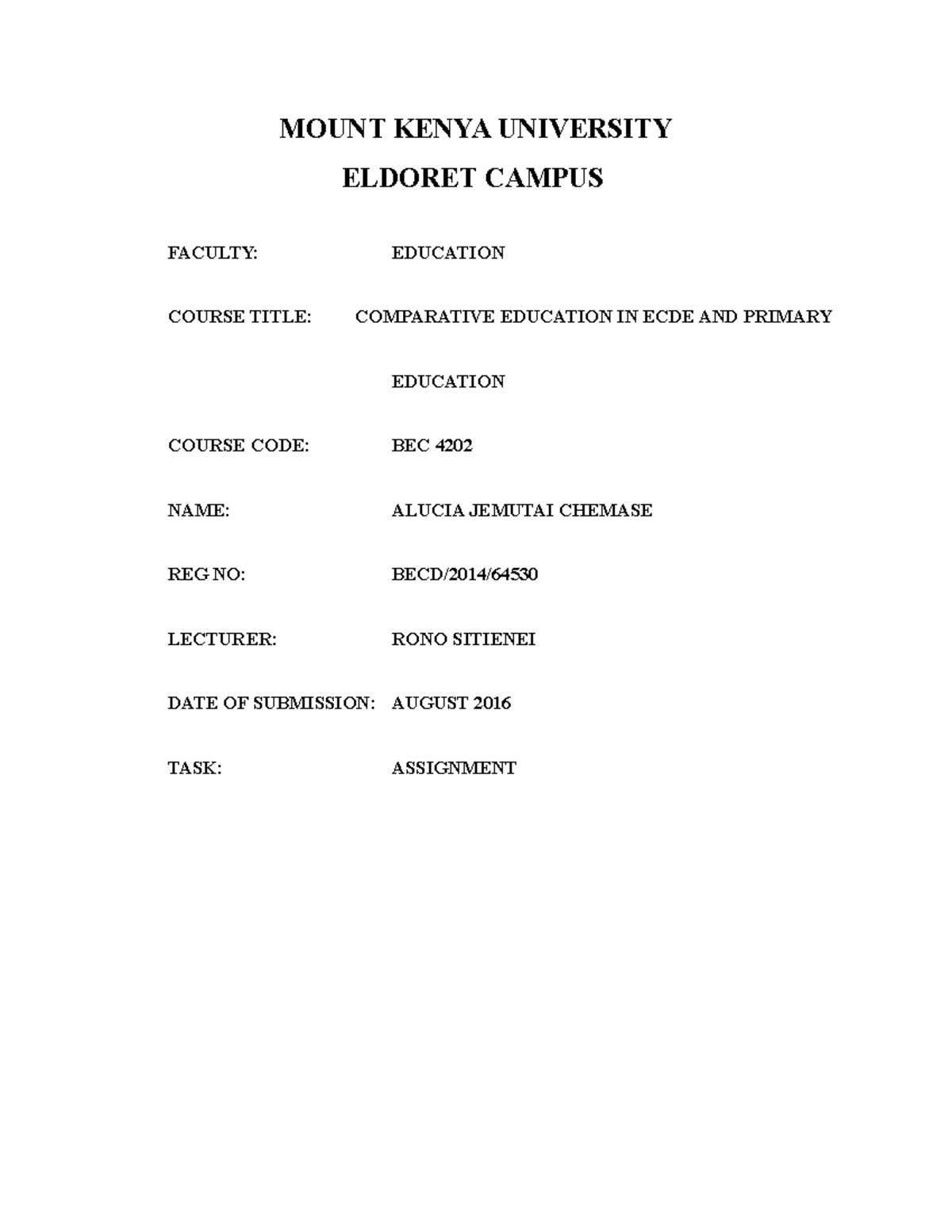 Alucia MKU Assignment - MOUNT KENYA UNIVERSITY ELDORET CAMPUS FACULTY ...