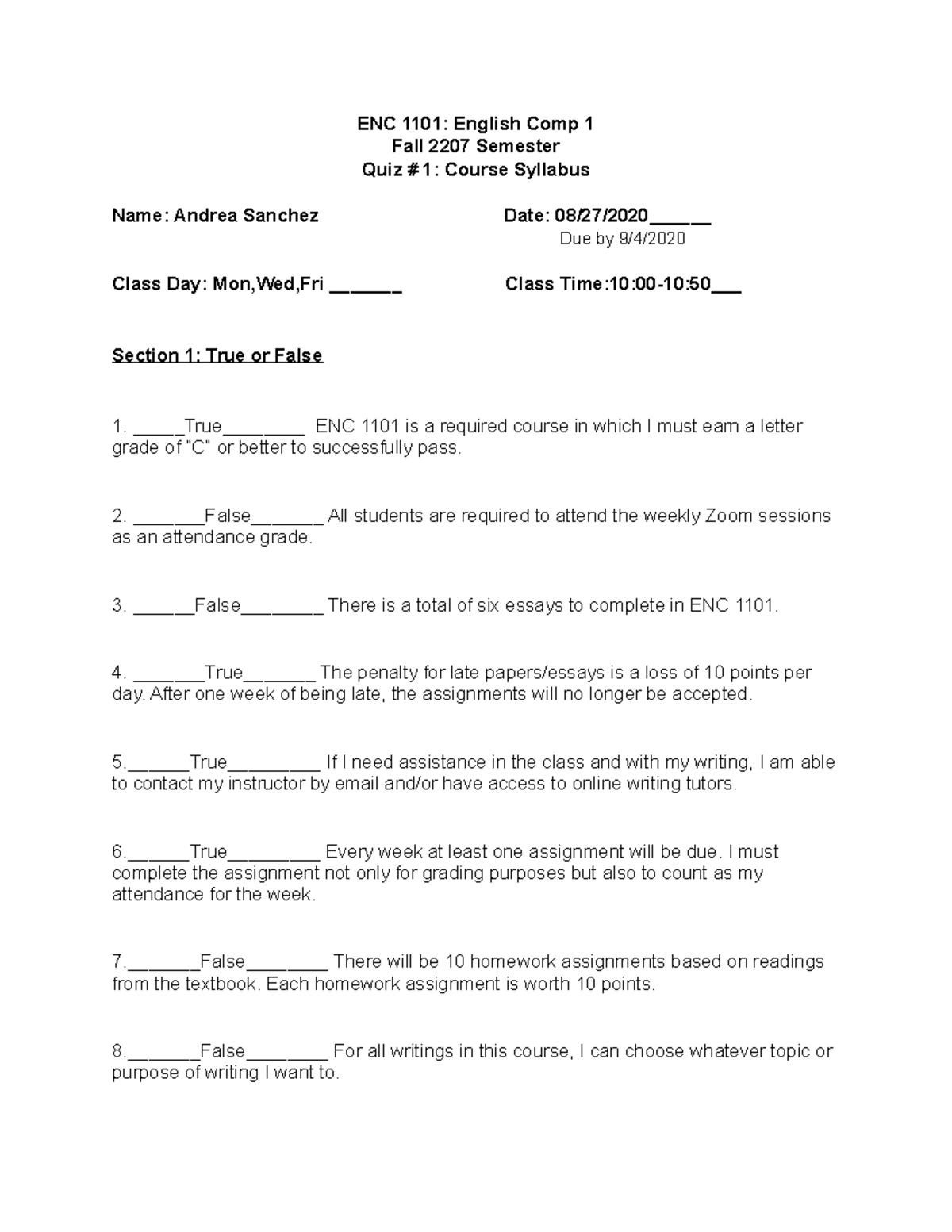 ENC 1101 Quiz 1 - Quiz - ENC 1101: English Comp 1 Fall 2207 Semester ...