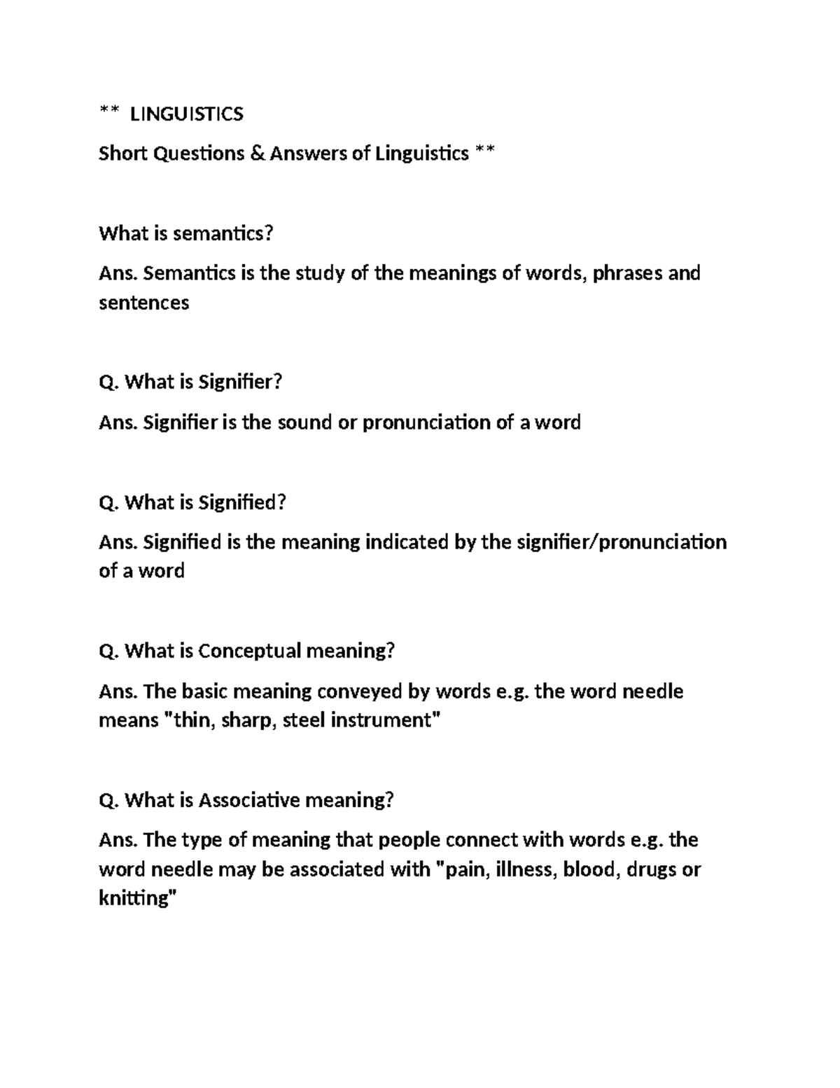 Linguistics notes 1 - ** LINGUISTICS Short Questions & Answers of ...