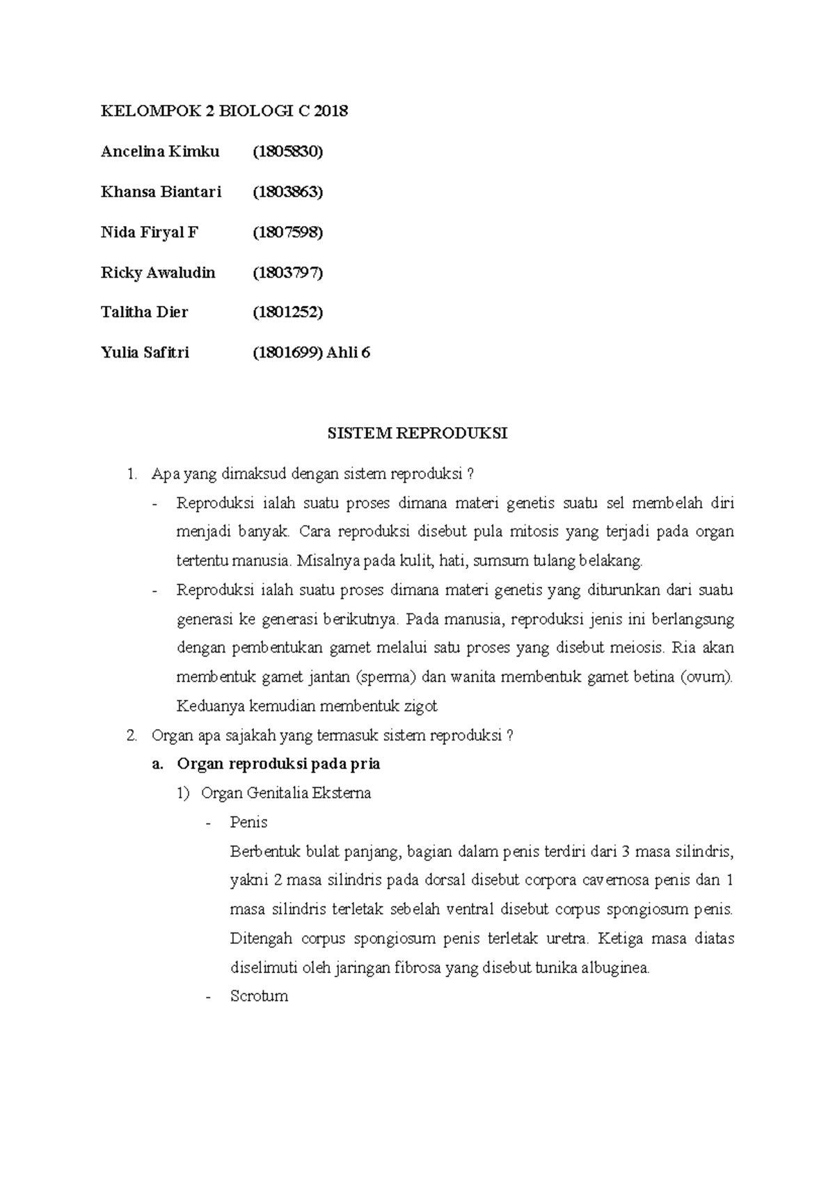 Sistem Reproduksi - KELOMPOK 2 BIOLOGI C 2018 Ancelina Kimku (1805830 ...