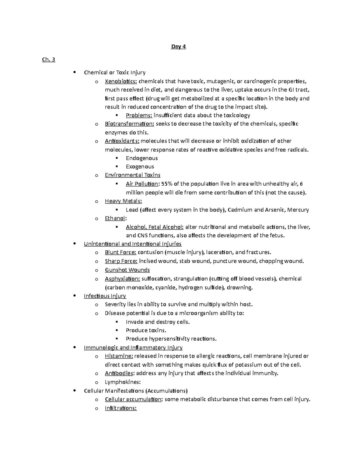 Patho Day 4 - Notes - Day 4 Ch. 3 Chemical or Toxic Injury o ...