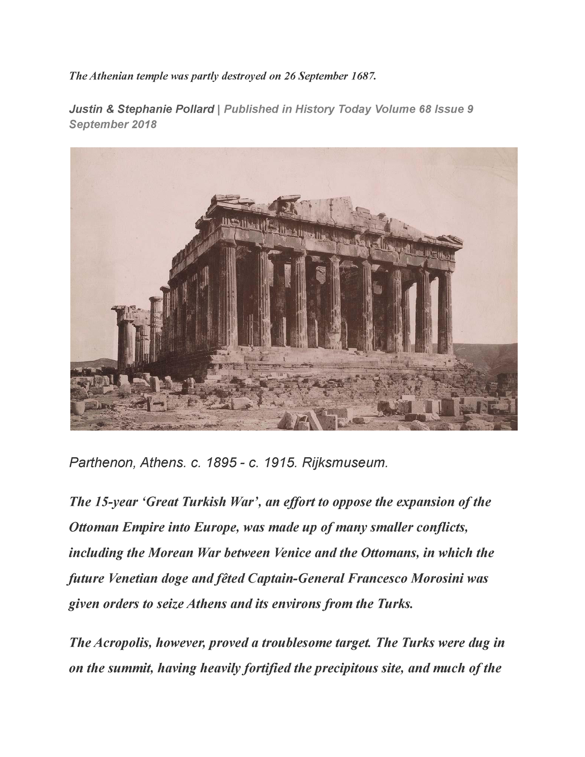 The Parthenon is Blown Up - The Athenian temple was partly destroyed on ...