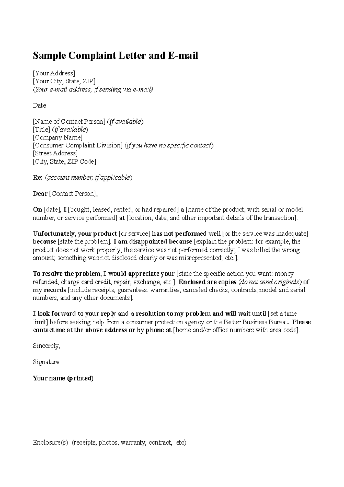 Complaint Letter Template (1) - Sample Complaint Letter and E-mail ...