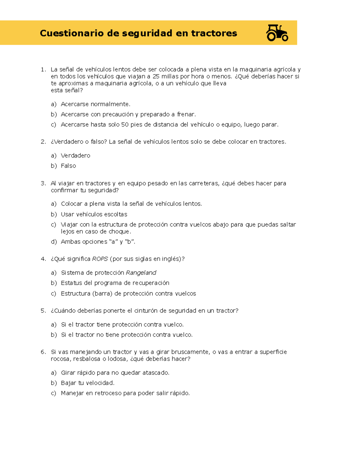 Tractor safety quiz Spanish examen tractores Comportamiento Político