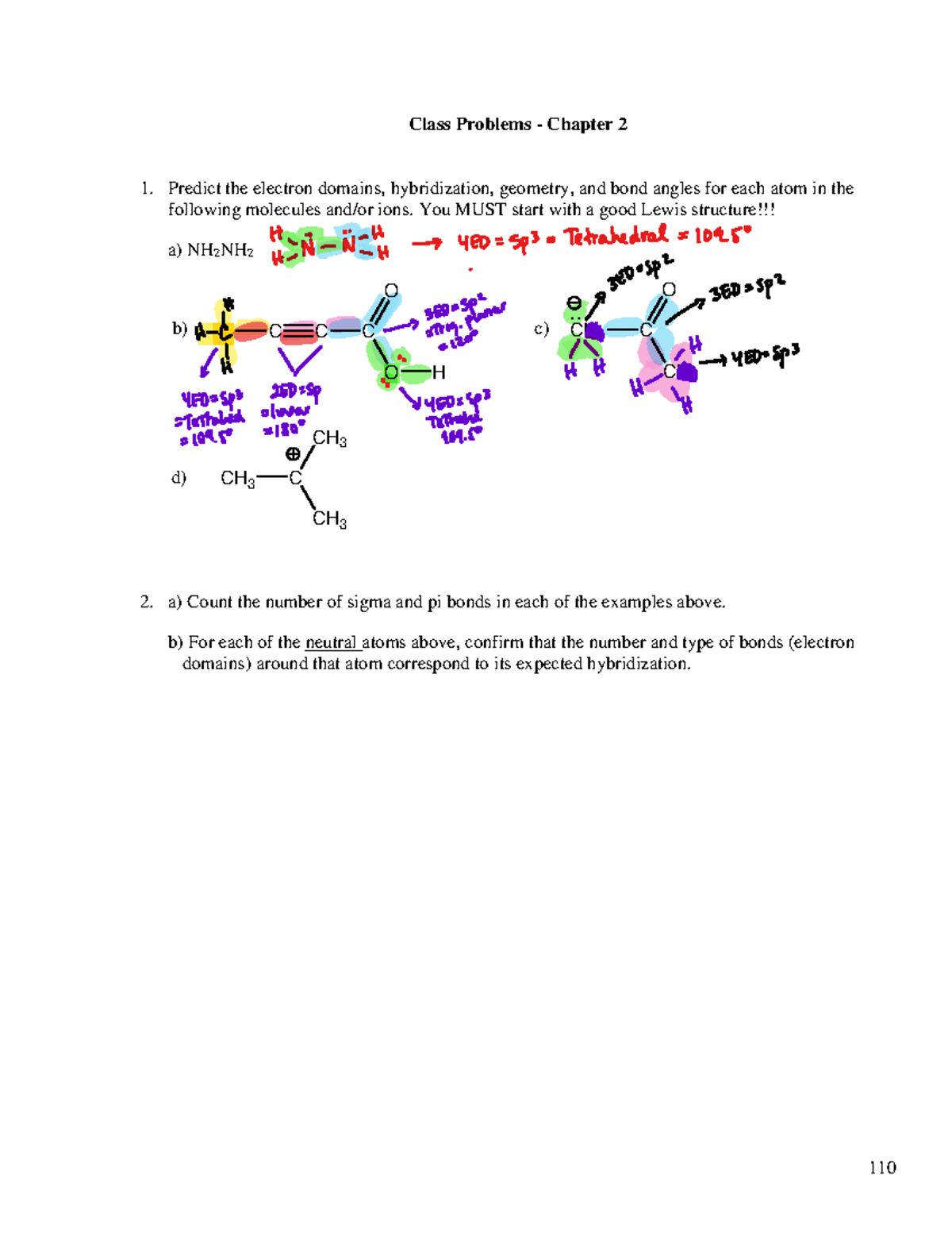 Electron domain and hybridization practice 110 Class Problems