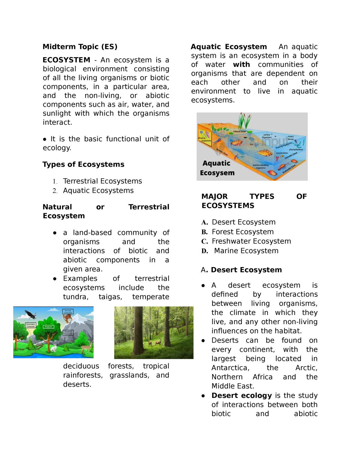 Environmental Science - Midterm - Midterm Topic (ES) ECOSYSTEM - An ...