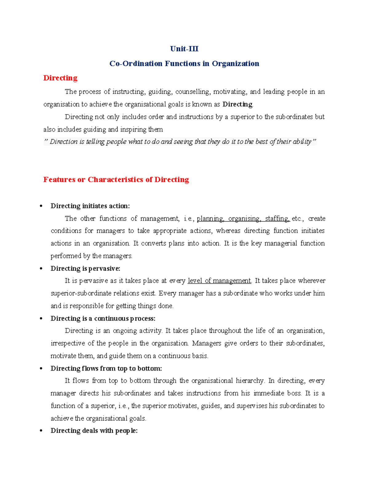 Unit-III - Co-Ordination Functions in Organization - Unit-III Co ...