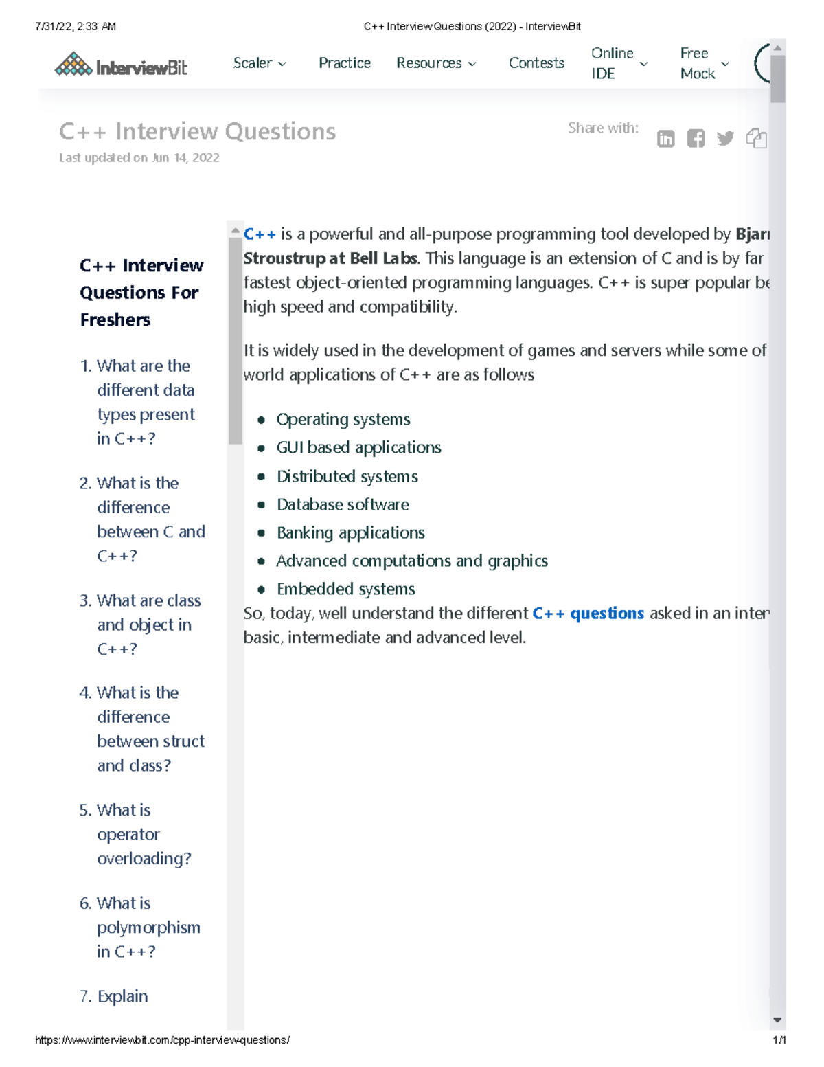 C++ Interview Questions (2022) - Interview Bit - 7/31/22, 2:33 AM C++ ...