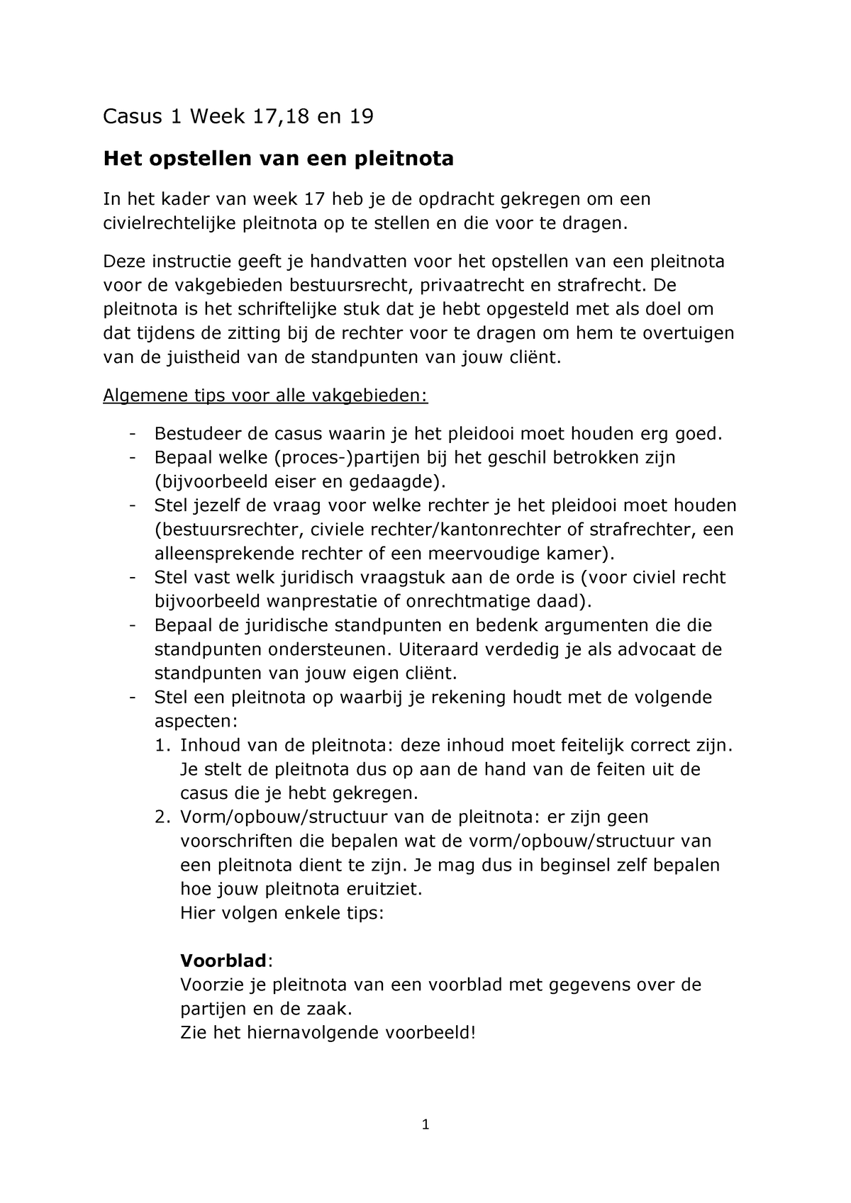 Instructie Voor Het Opstellen Van Een Pleitnota Casus Week En Het Opstellen Van Een