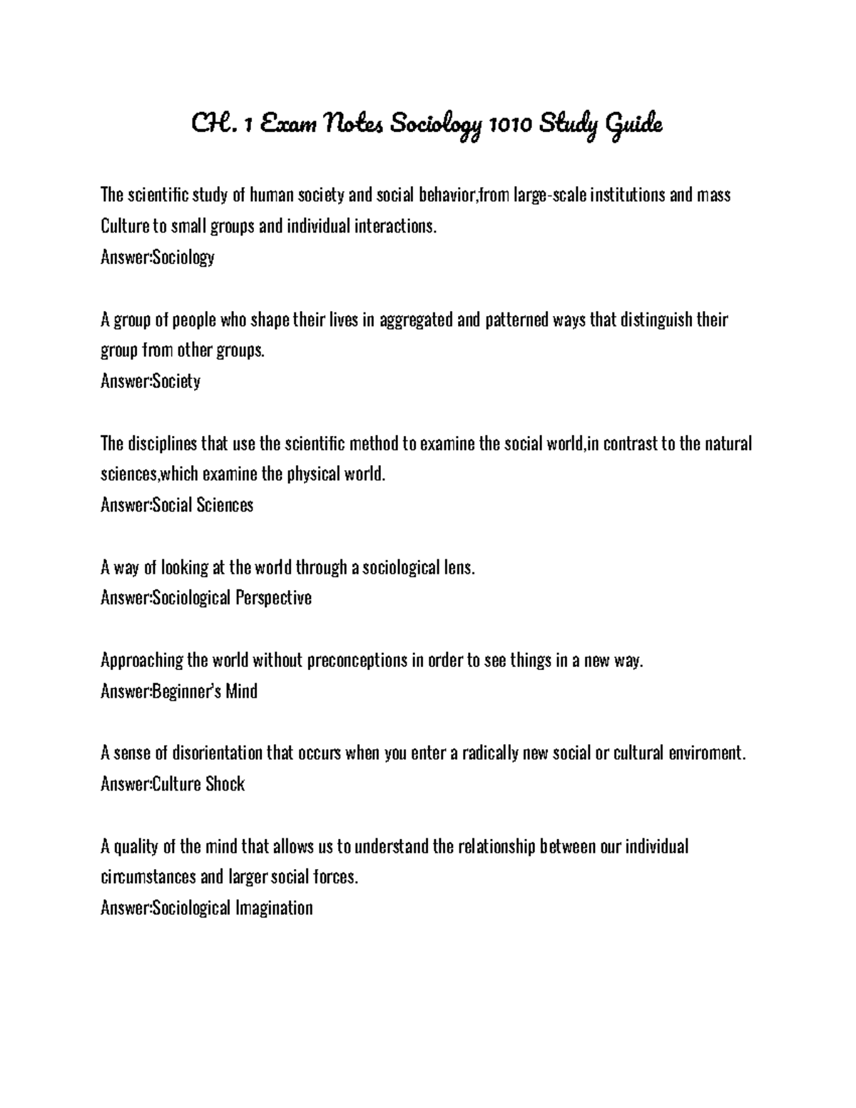 CHapter 1 Sociology Exam Notes Study Guide - CH. 1 Exa Note Sociolog ...